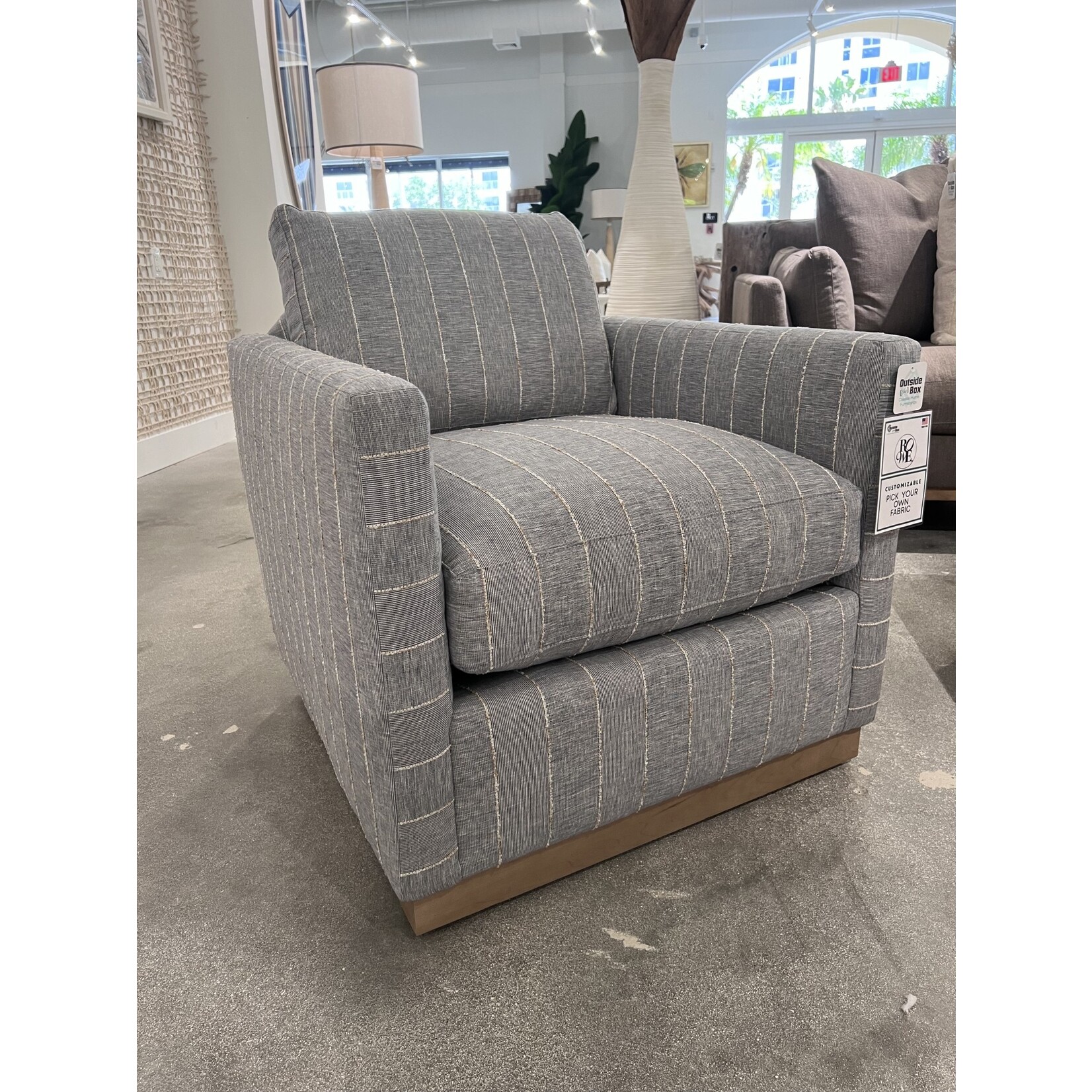 Outside The Box Allie Blue W / Stripe Kid Proof Performance Fabric Upholstered Swivel Chair Washed Oak Base RA251-52 (AA)