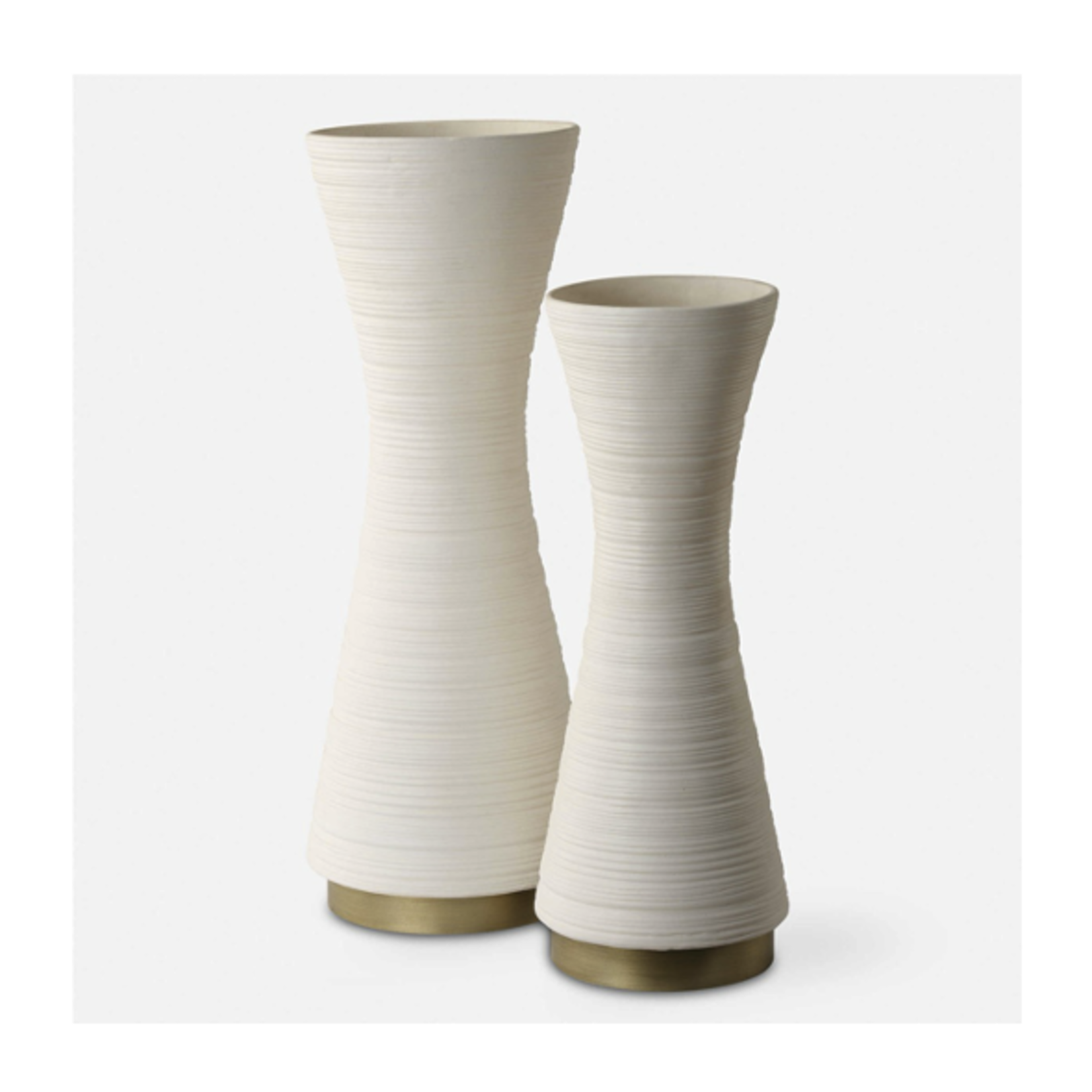 Outside The Box 18" & 15" Set Of 2 Ridgeline White & Antique Gold Ceramic Vases