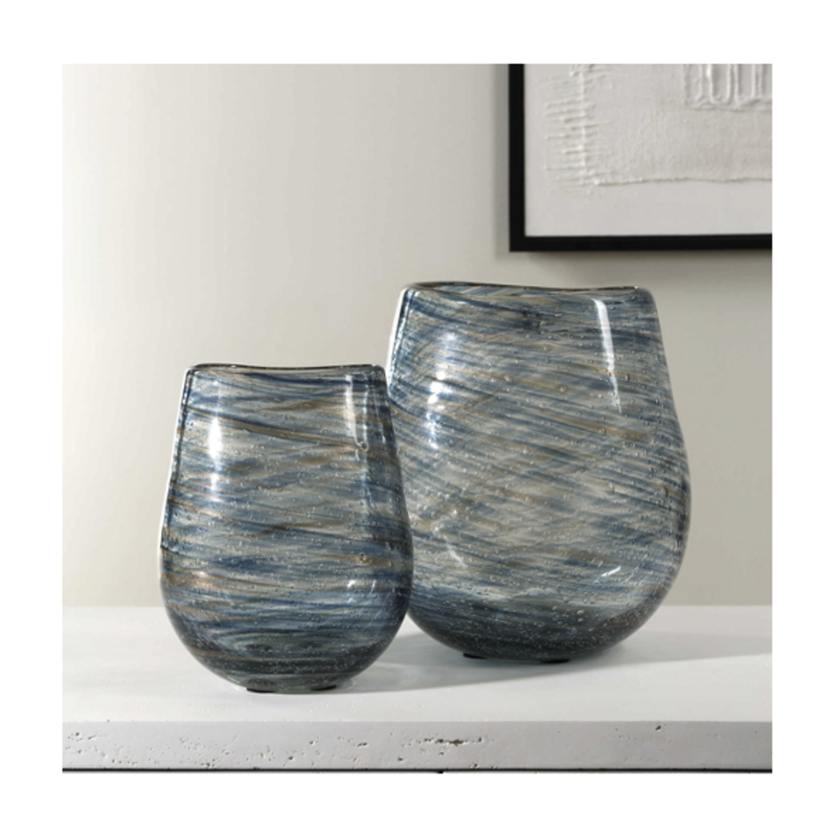 Outside The Box 9" & 8" Set Of 2 Aurora Swirl Blue & Gold Bubble Glass Vases