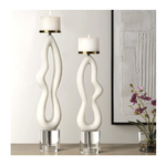 Outside The Box 23" & 19" Set Of 2 Feamelo Thassos Ivory Hand-Made Stone Candleholders W / Crystal Base
