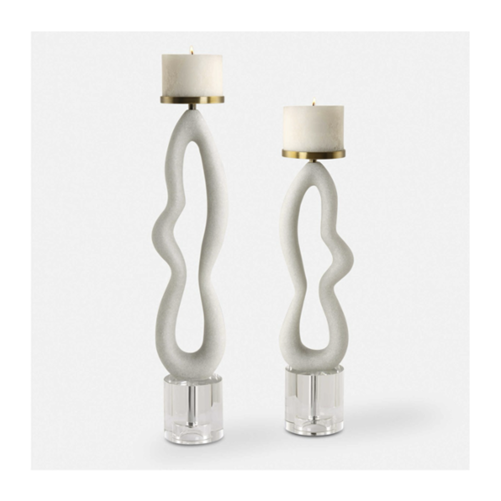 Outside The Box 23" & 19" Set Of 2 Feamelo Thassos Ivory Hand-Made Stone Candleholders W / Crystal Base