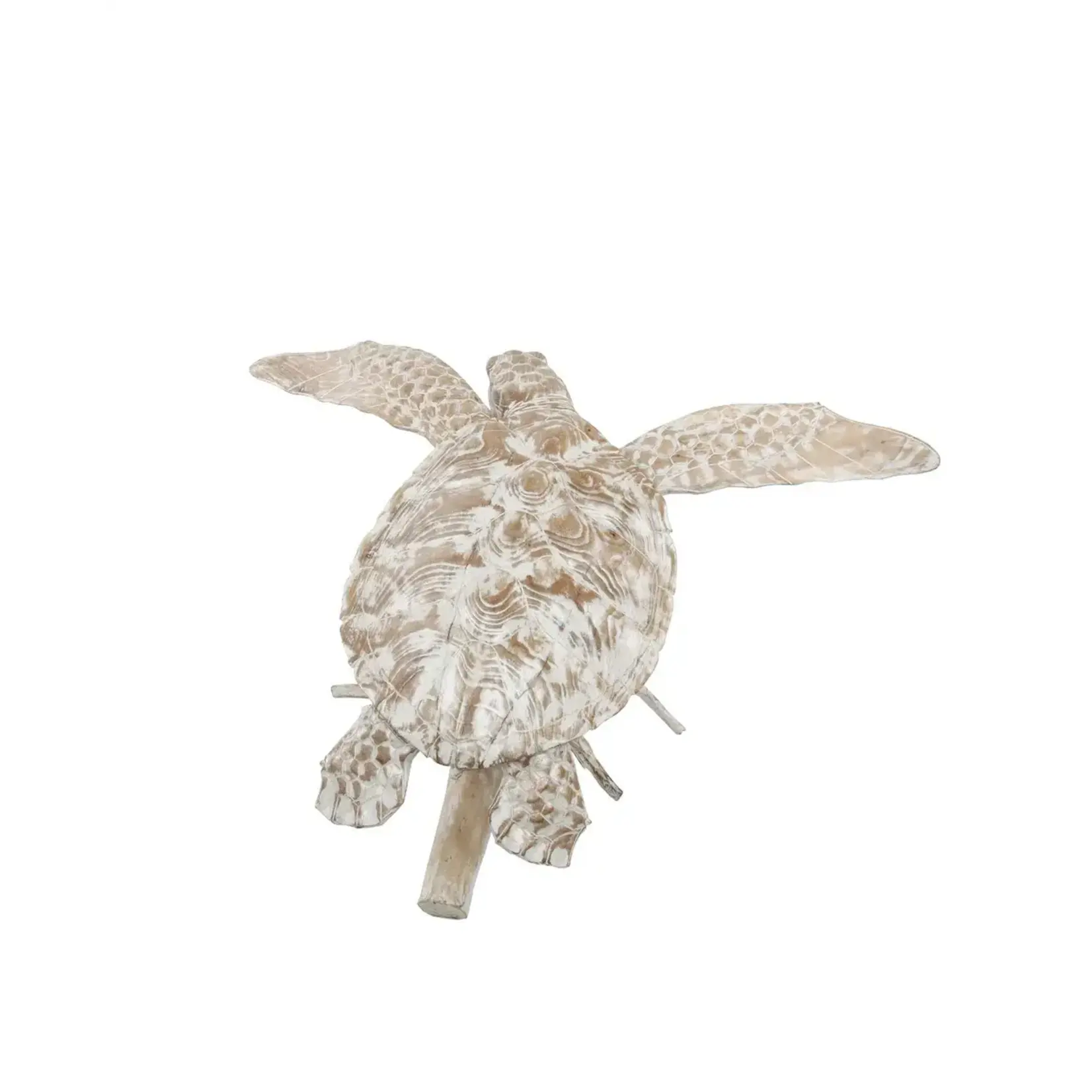 Outside The Box 30x22x21 White Washed Turtle Hand Carved Suar Wood Sculpture