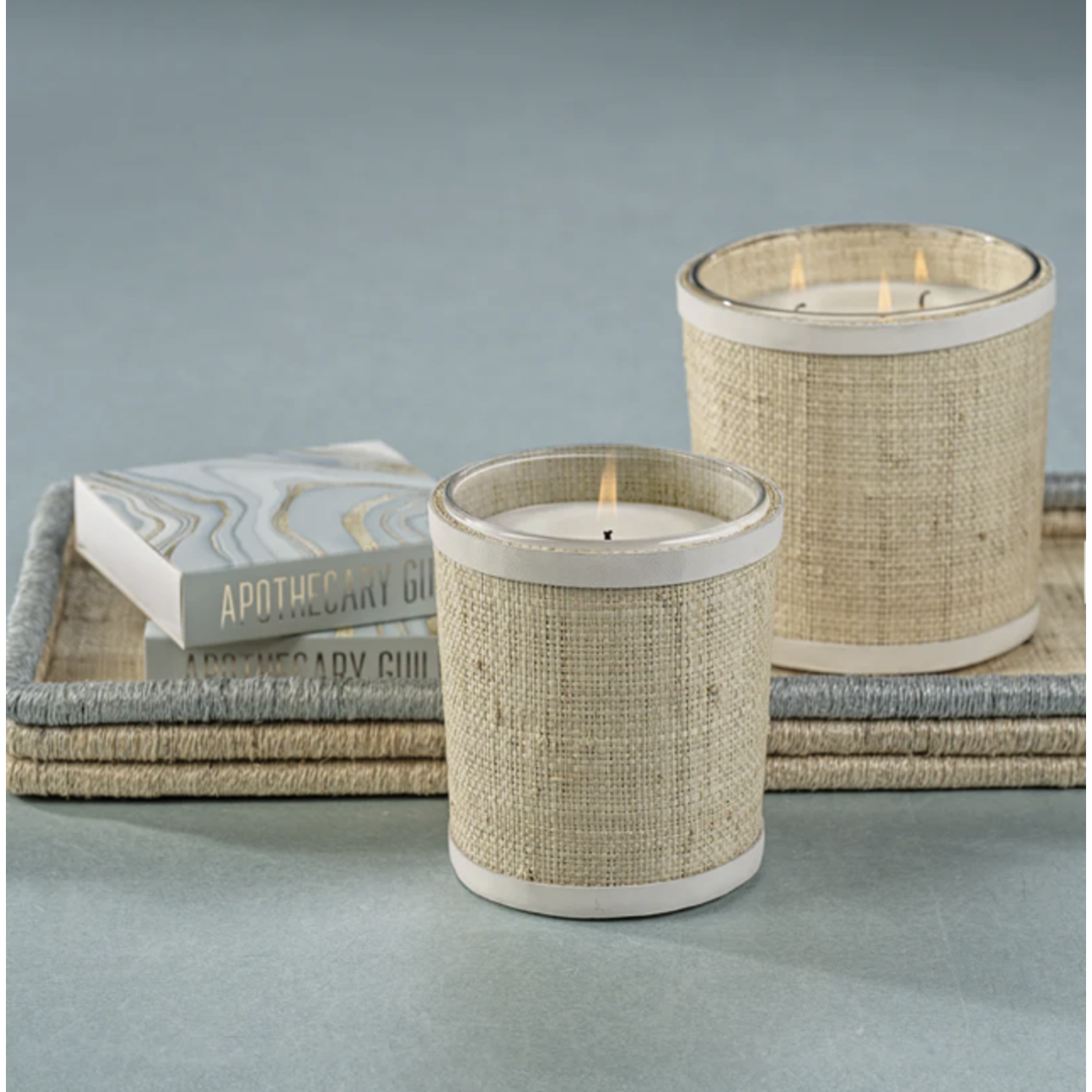 Outside The Box 5" Sea Salt & Coastal Mist Scented Candle In White Raffia Basket With Leather Trim Basket