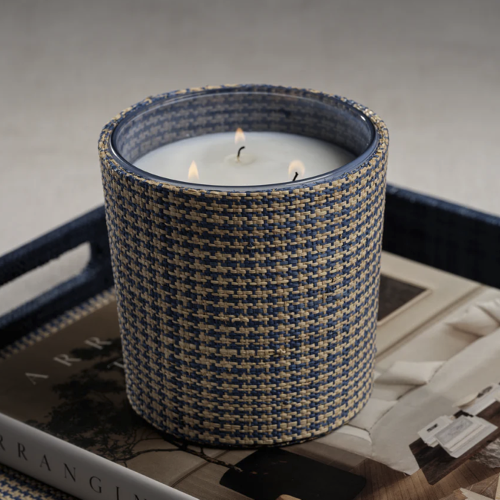 Outside The Box 5" Sunset Beach Scented Candle In Blue & Natural Houndstooth Raffia Basket
