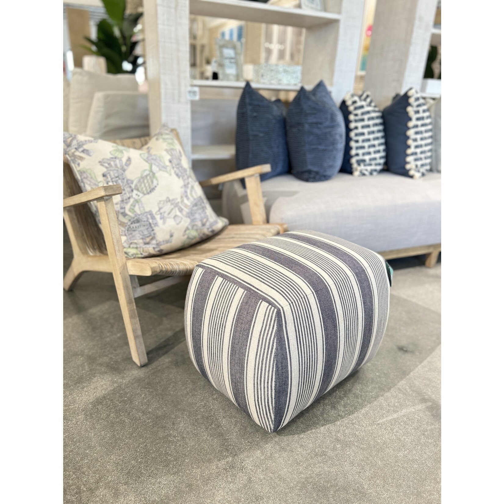 Outside The Box 22x16x17 Conover Casual Stripe Navy Performance Fabric Ottoman