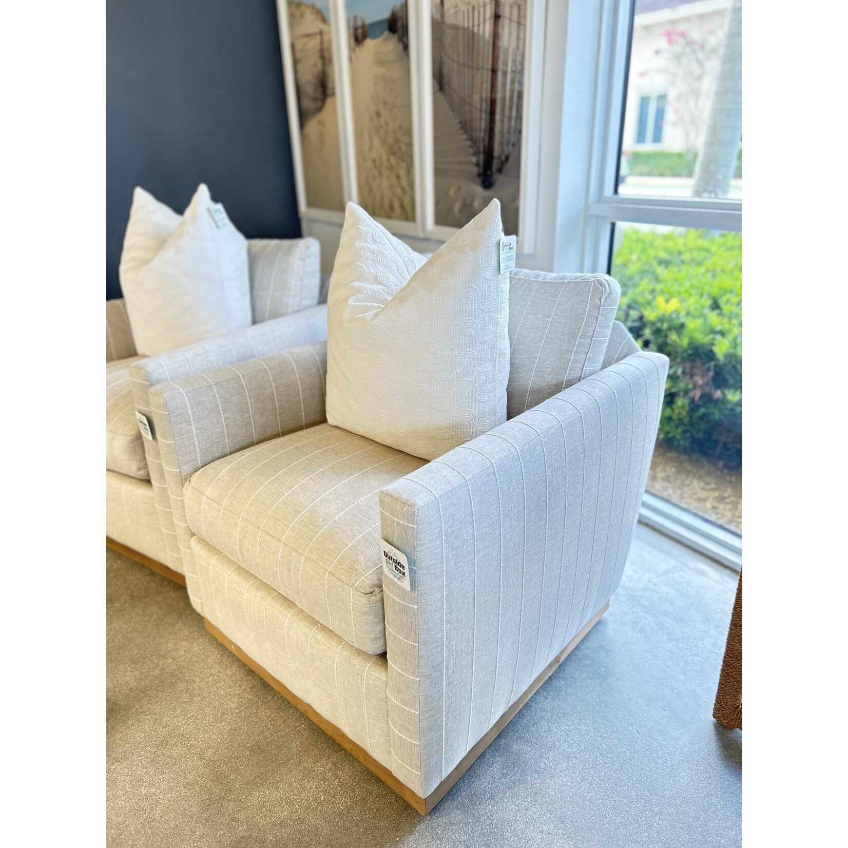 Outside The Box Allie Natural W / Stripe Kid Proof Performance Fabric Upholstered Swivel Chair Washed Oak Base RA251-19 (AA)