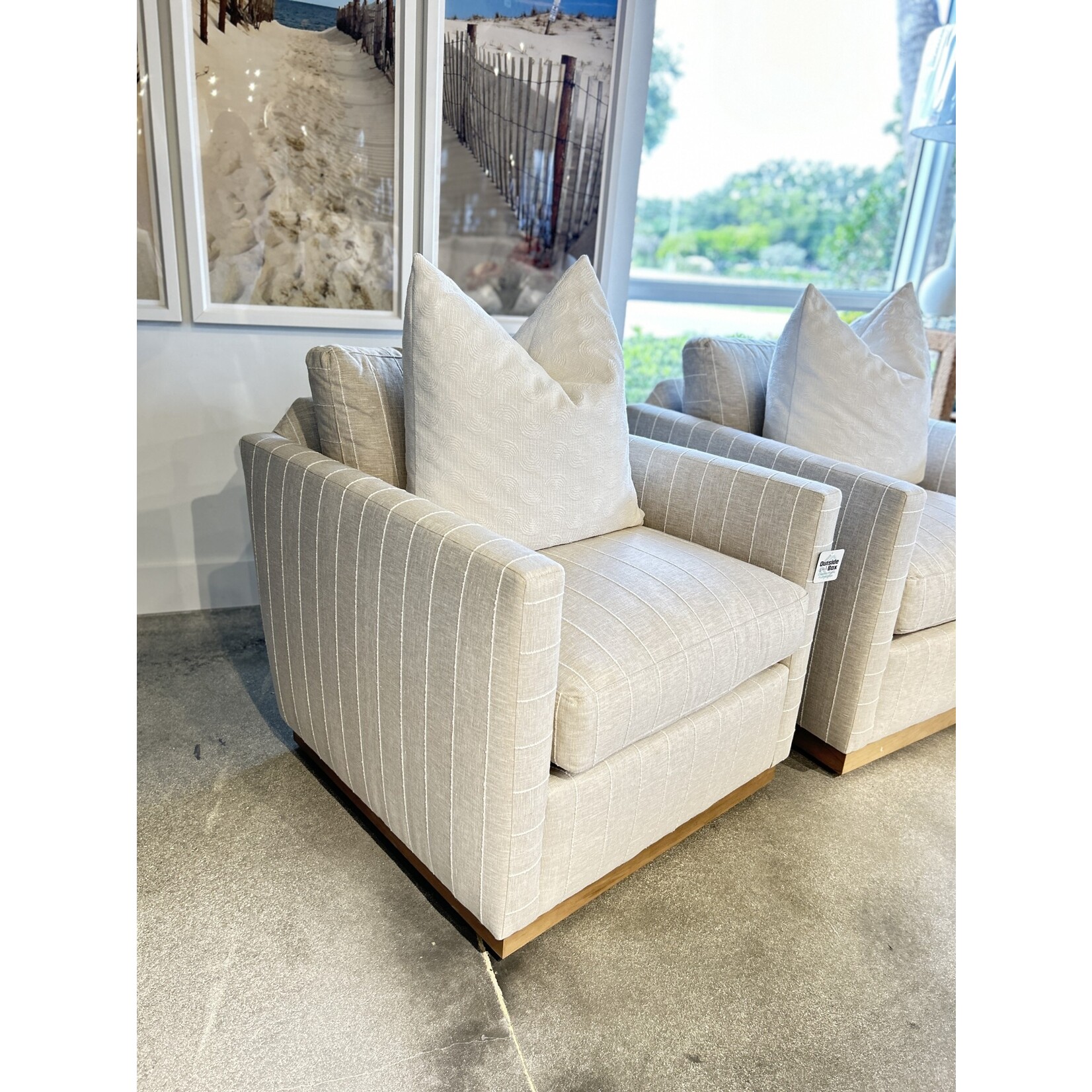 Outside The Box Allie Natural W / Stripe Kid Proof Performance Fabric Upholstered Swivel Chair Washed Oak Base RA251-19 (AA)