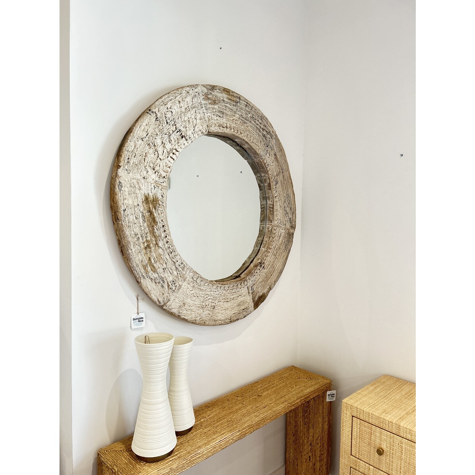 Outside The Box 50" Carved Solid Natural Teak Wood Round Mirror