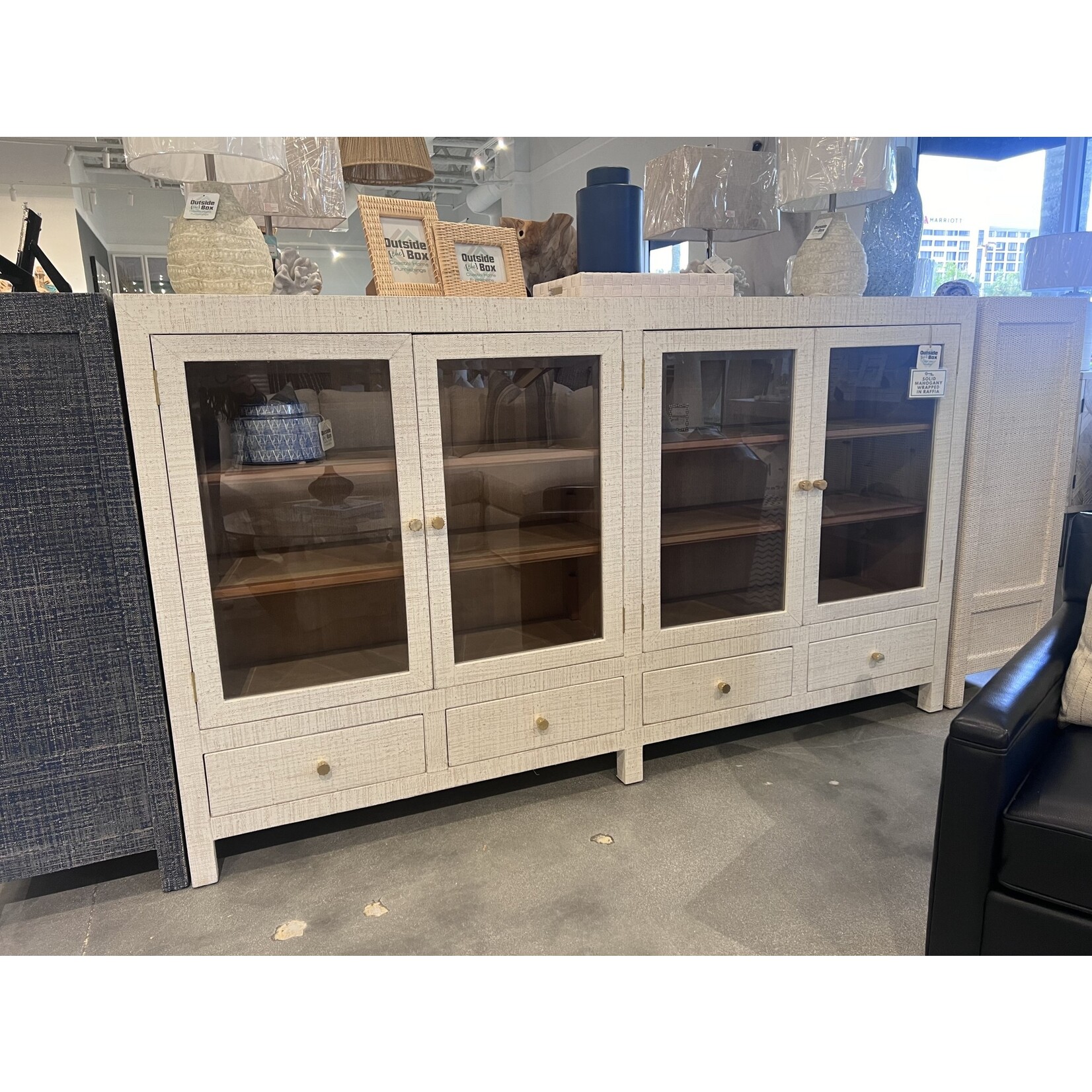 Outside The Box 84x16x48 Kagu Raffia 4 Door Low Cabinet In White Wash - RFWW / FRW