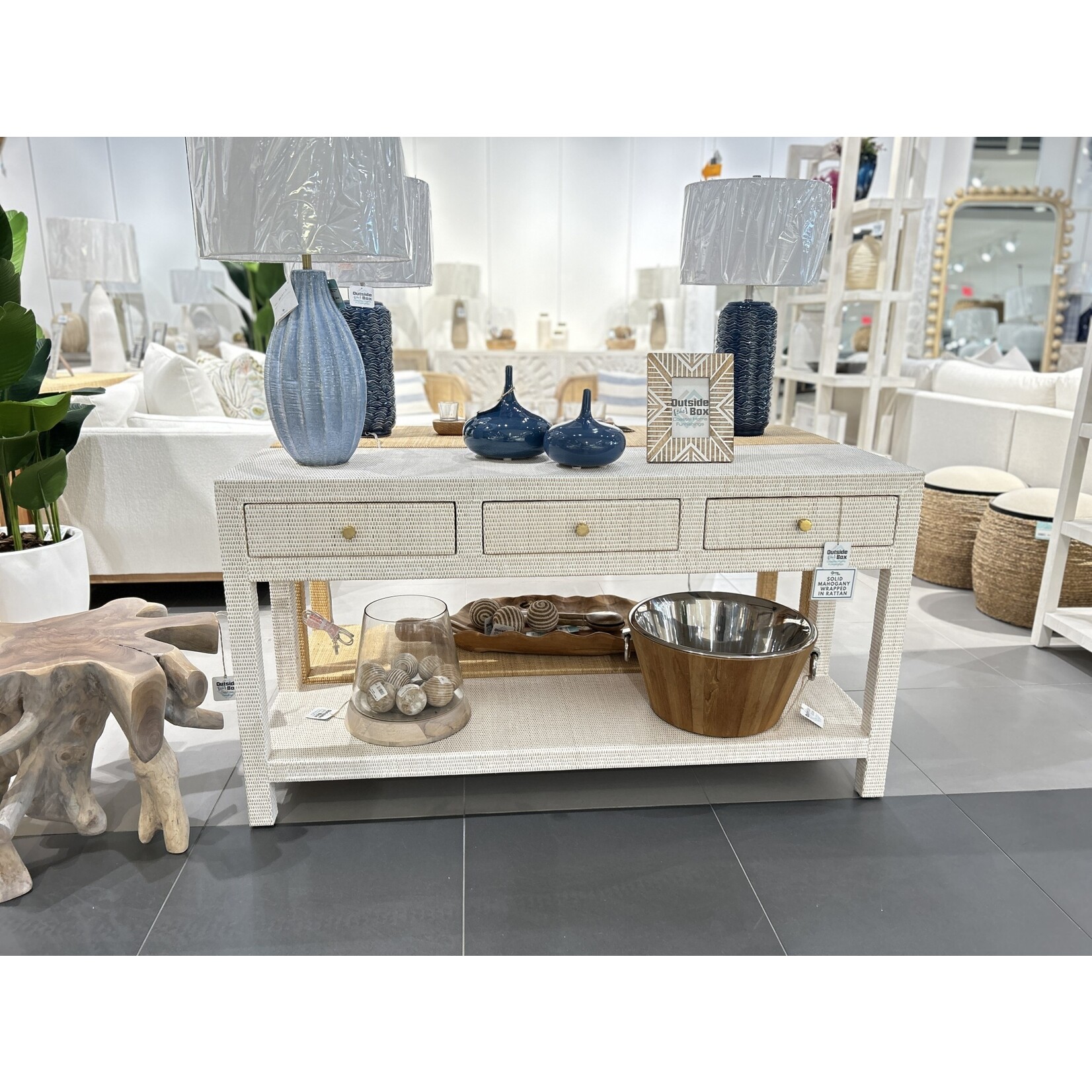 Outside The Box 60x16x32 Kagu White Wash Rattan 3 Drawer Console Table - RWWS