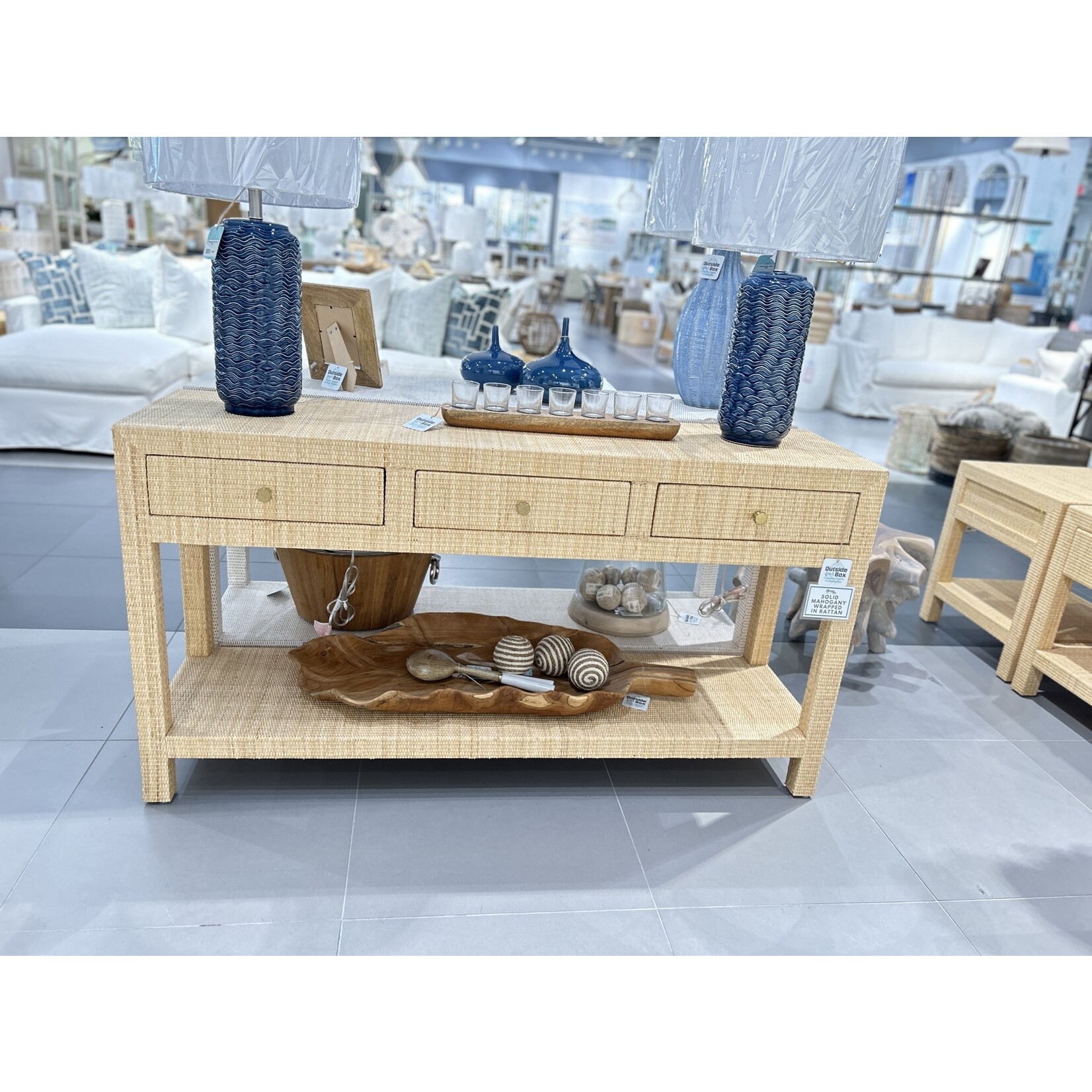 Outside The Box 60x16x32 Kagu Natural Rattan 3 Drawer Console Table - RNAT