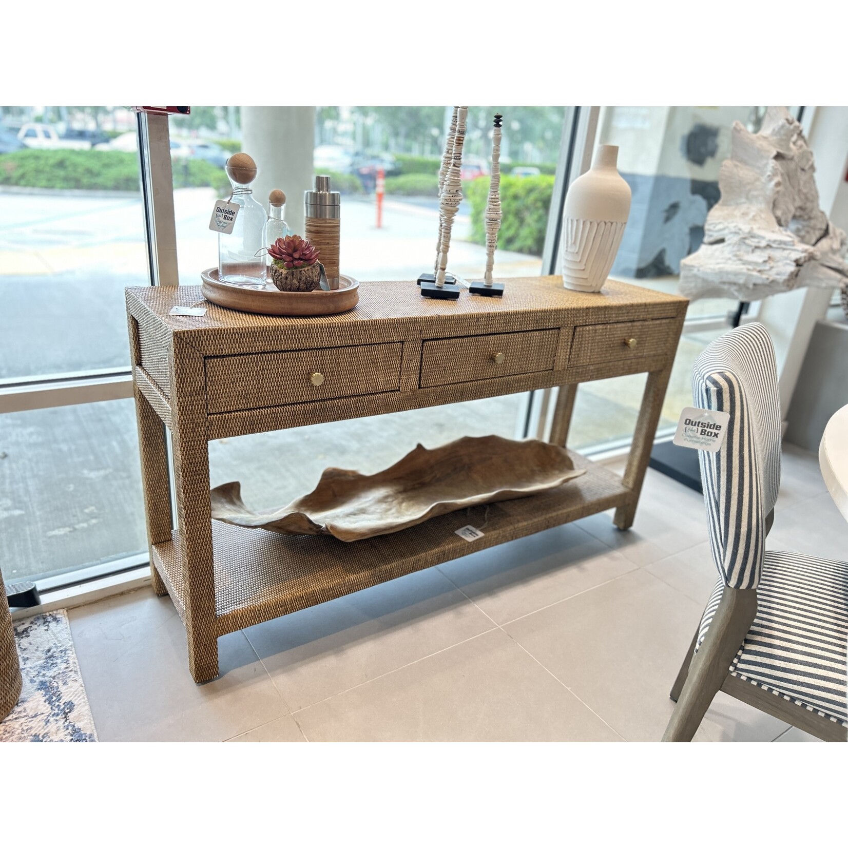 Outside The Box 60x16x32 Kagu Glazed Natural Rattan 3 Drawer Console Table - RGZE