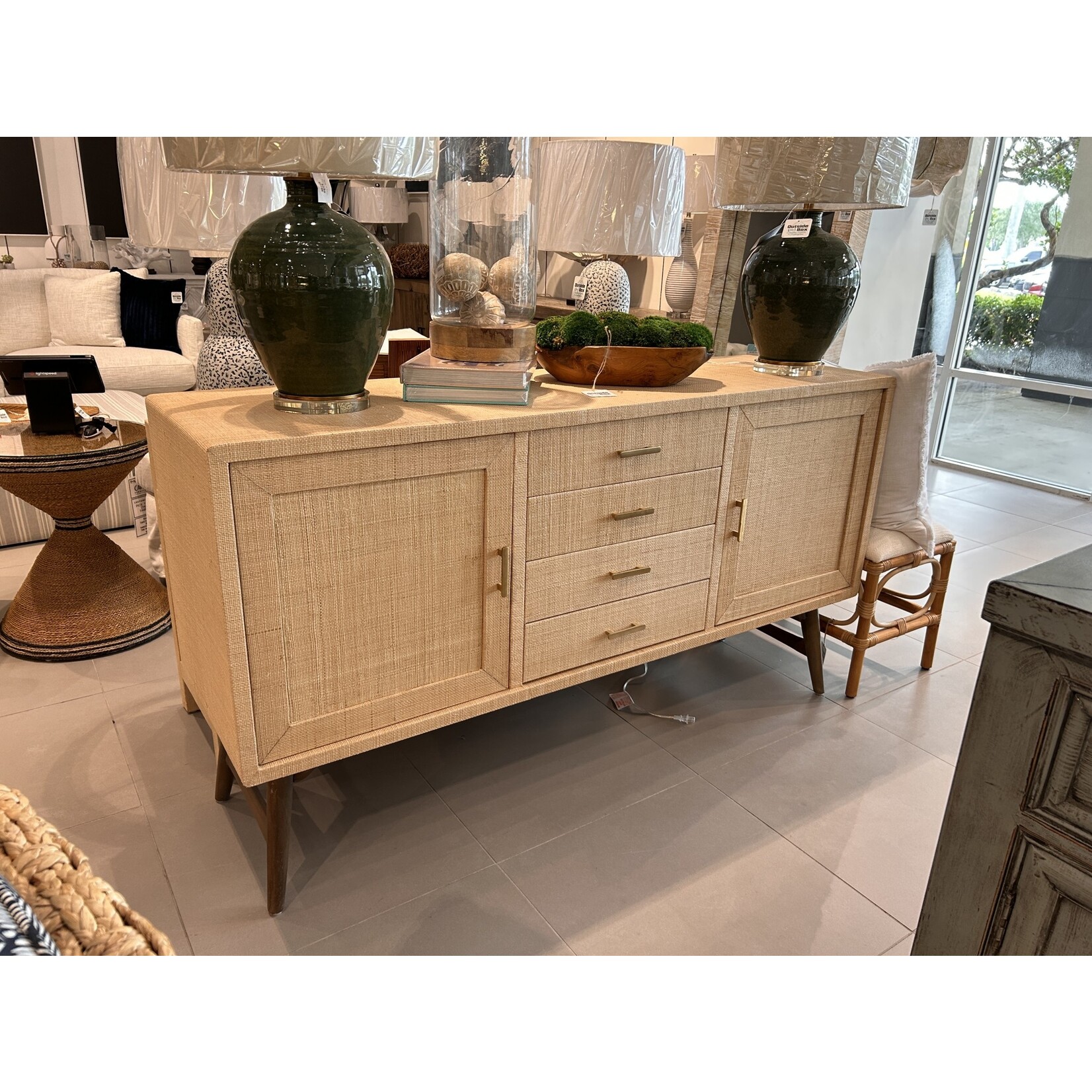 Outside The Box 68x20x37 Pierre Raffia & Mahogany 4 Drawer 2 Door Buffet In Straw Wash