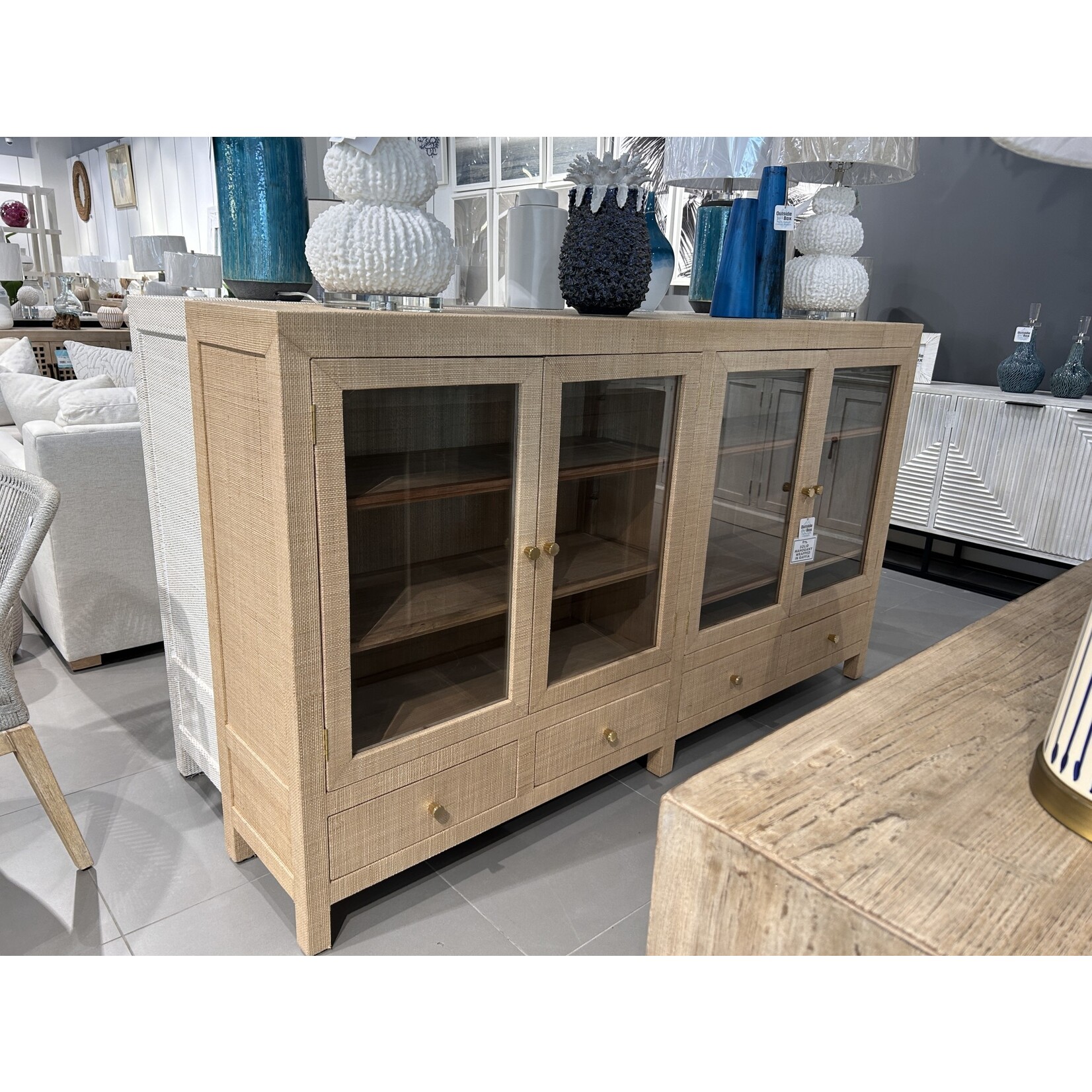Outside The Box 84x16x48 Kagu Raffia 4 Door Low Cabinet In Fruitwood - RFRW