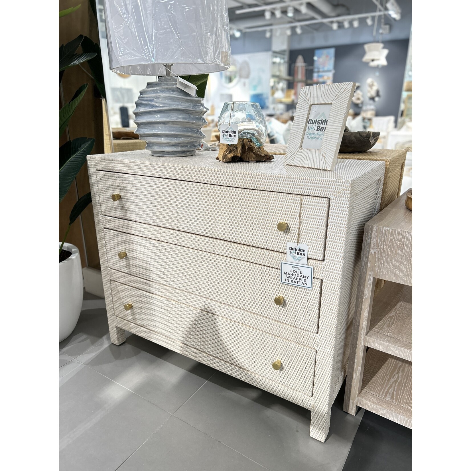 Outside The Box 42x18x35 Kagu Mahogany 3 Drawer Dresser Rattan White Wash - RWWS