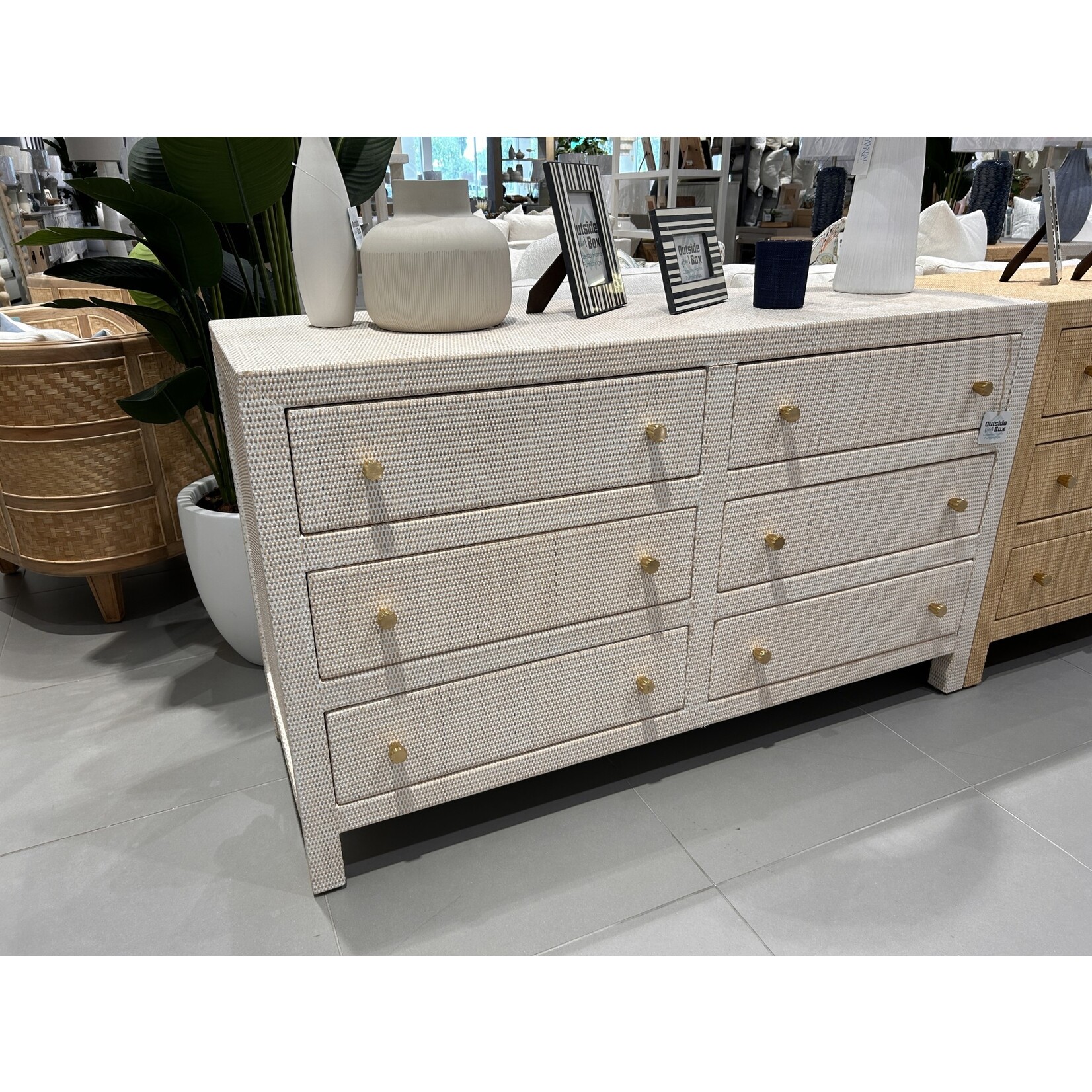 Outside The Box 58x20x34 Kagu Mahogany 6 Drawer Dresser Rattan Wrapped In White Wash - RWWS