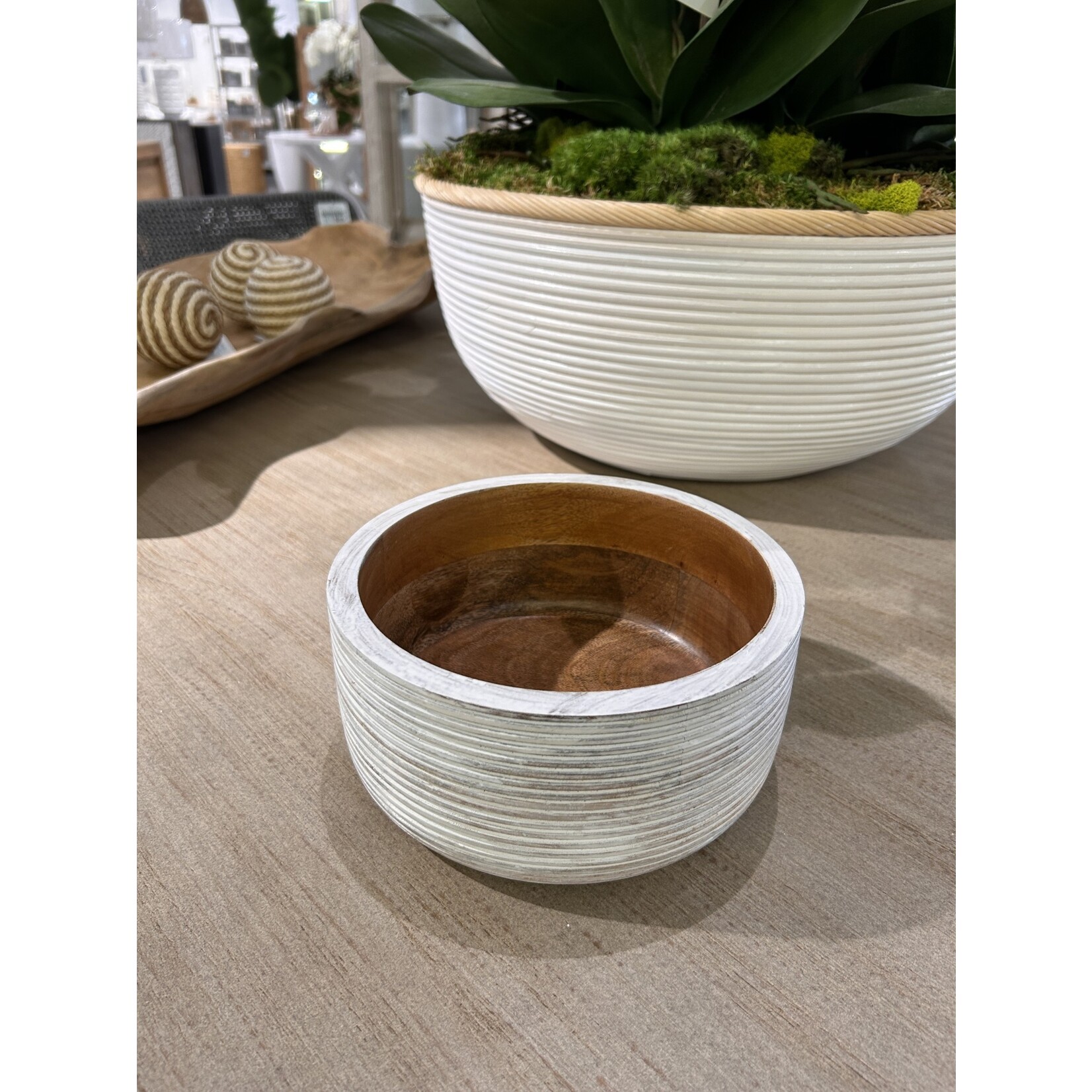 Outside The Box 8" White & Natural Ribbed Mango Wood Bowl