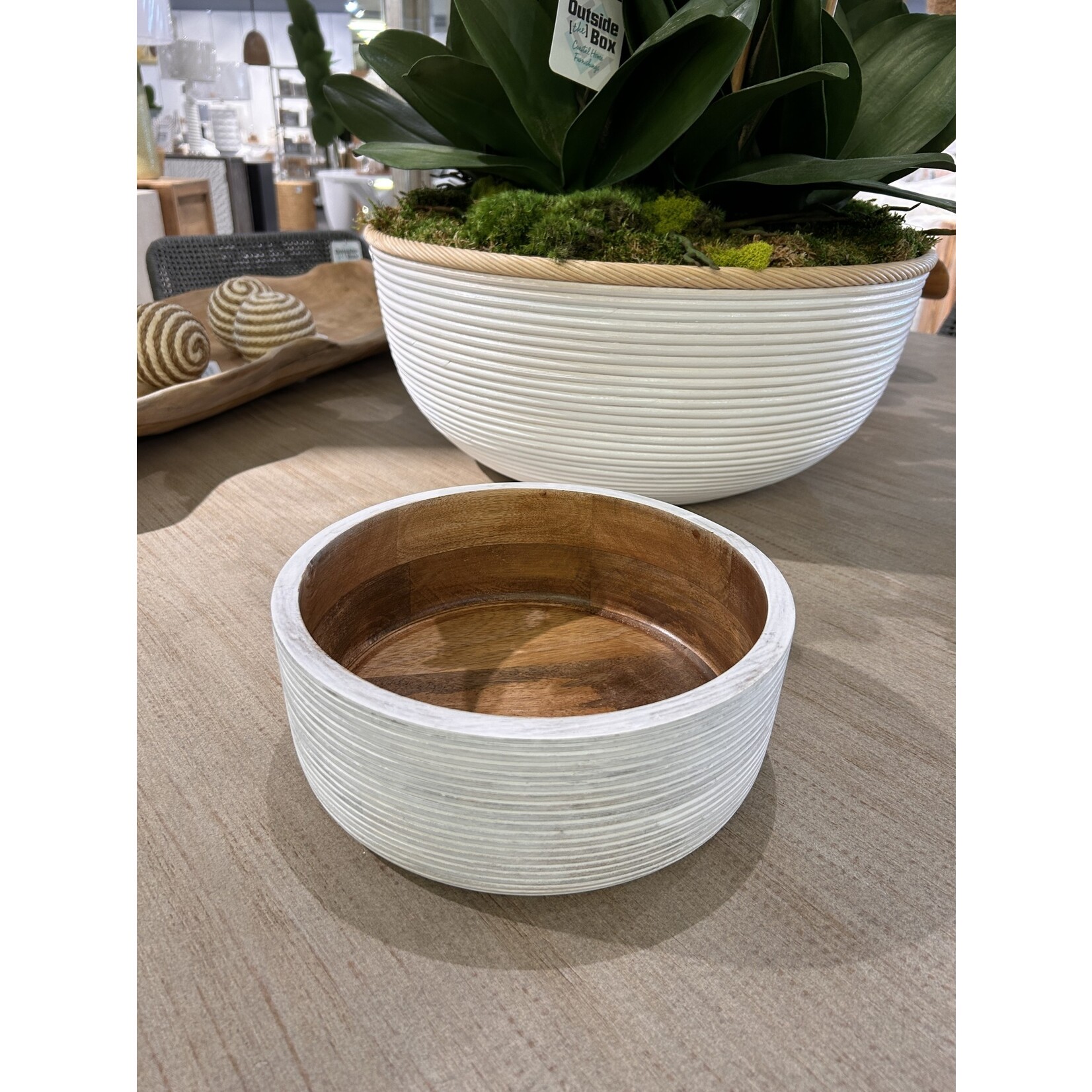 Outside The Box 10" White & Natural Ribbed Mango Wood Bowl