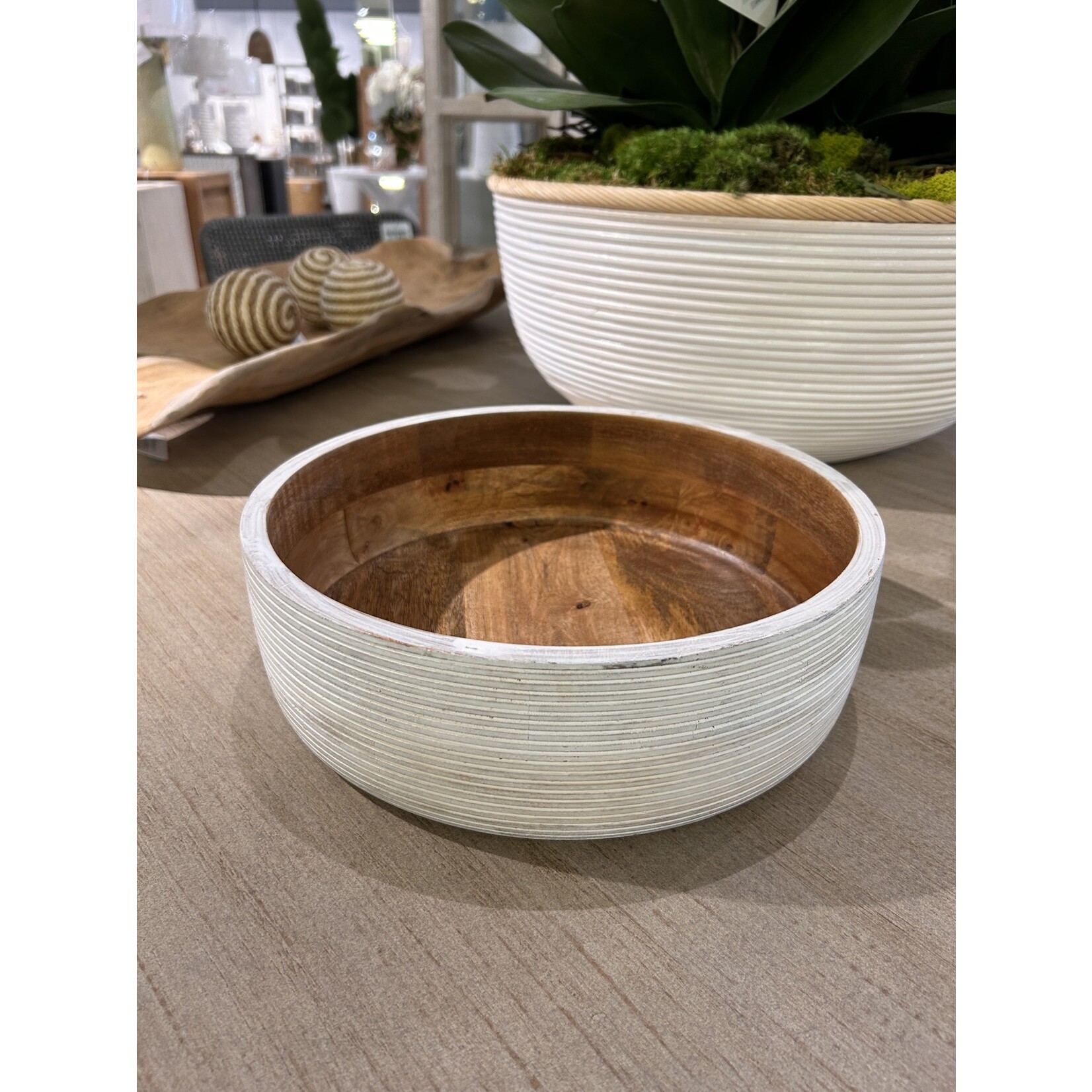 Outside The Box 12" White & Natural Ribbed Mango Wood Bowl