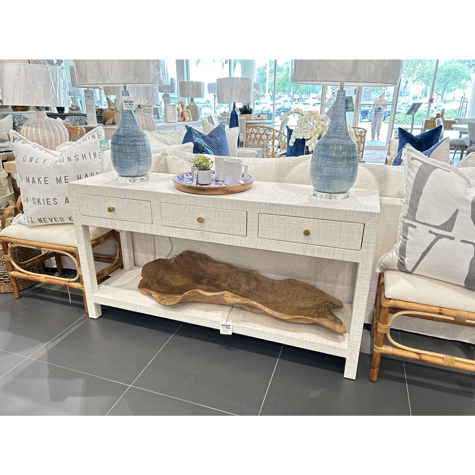 Outside The Box 60x16x32 Kagu White Wash Raffia 3 Drawer Console Table - RFWW