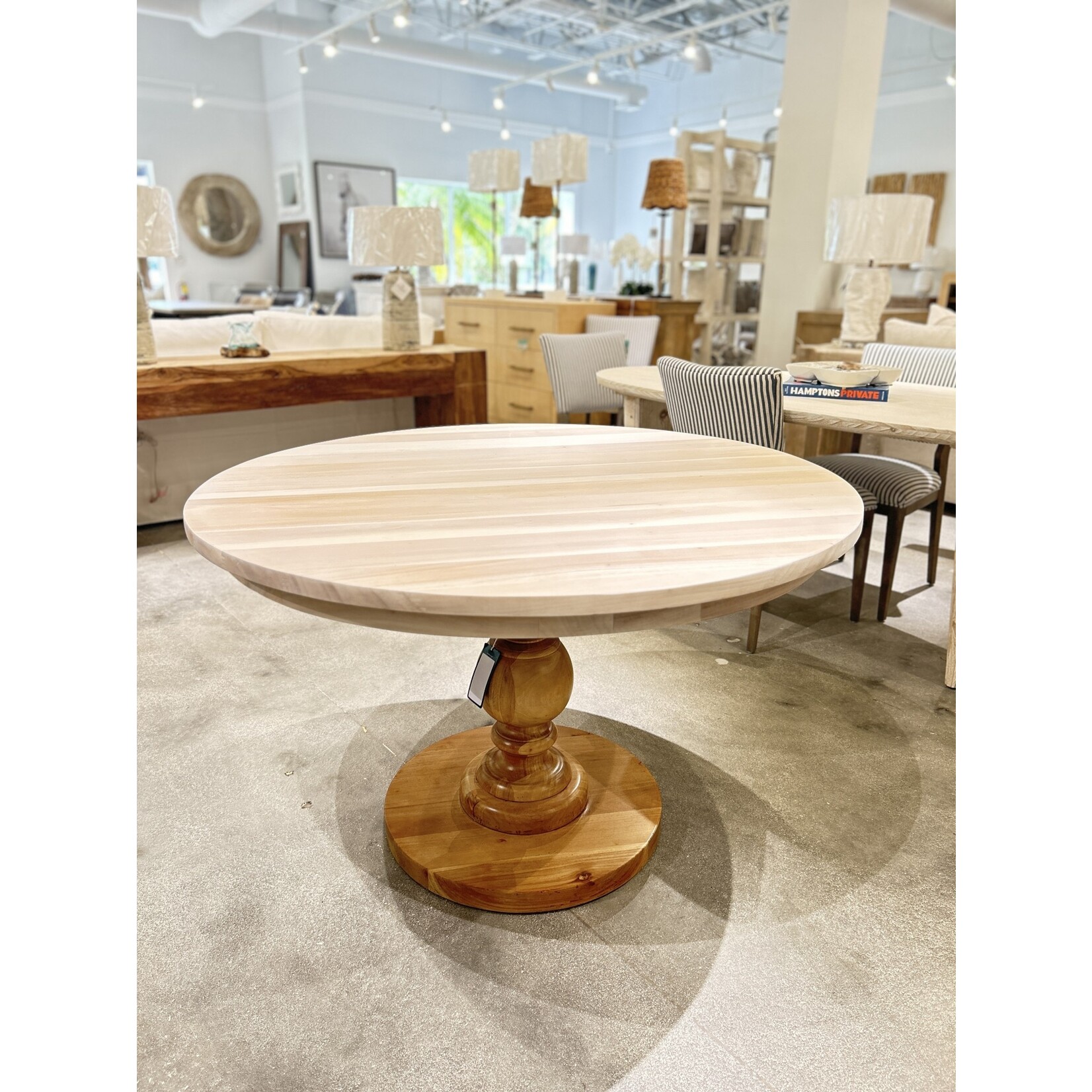 Outside The Box 48" Goucho Bleached Mahogany Round Trestle Dining Table W / Fruitwood Finish Base FRW