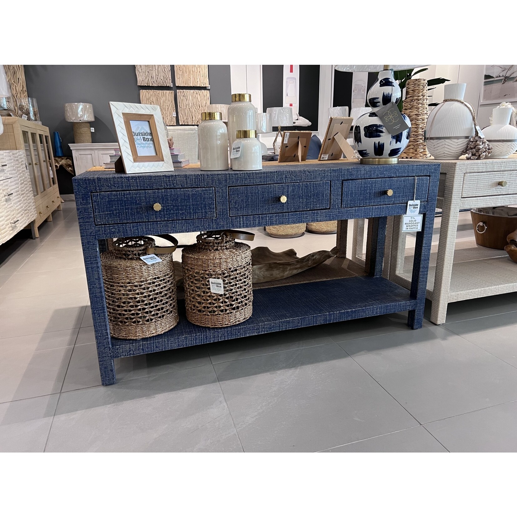 Outside The Box 60x16x32 Kagu Deep Blue Raffia 3 Drawer Console Table - RFDB