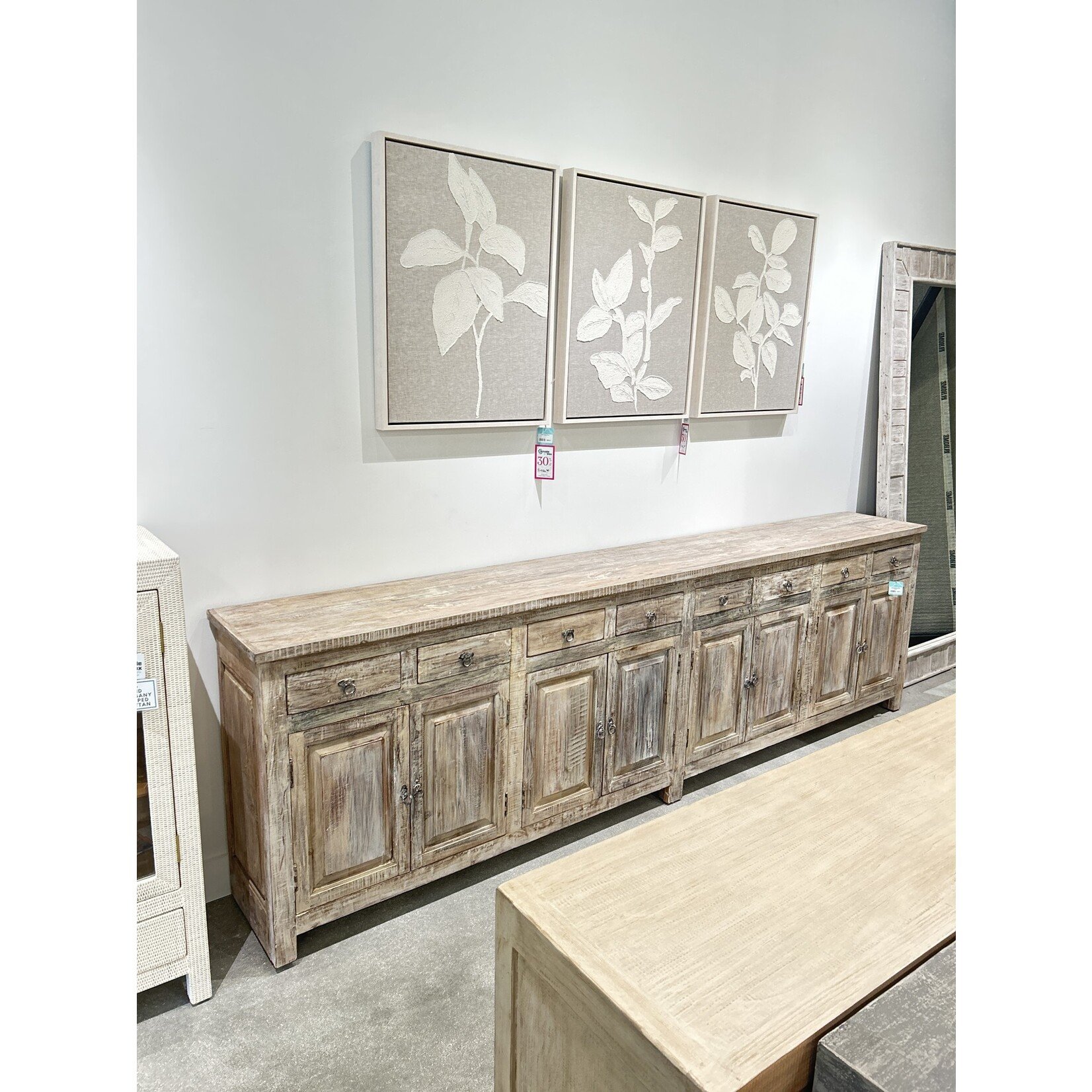 Outside The Box 133x17x38 White Washed Reclaimed Wood 8 Drawer Sideboard