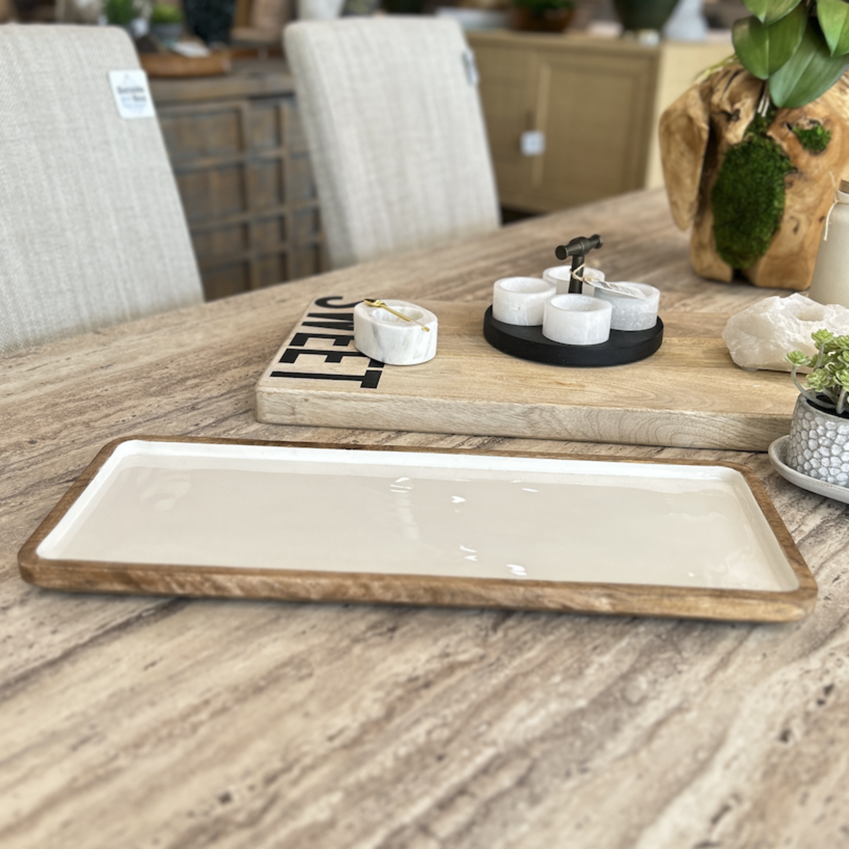 Outside The Box 31" White Enamel Mango Wood Rectangular Tray