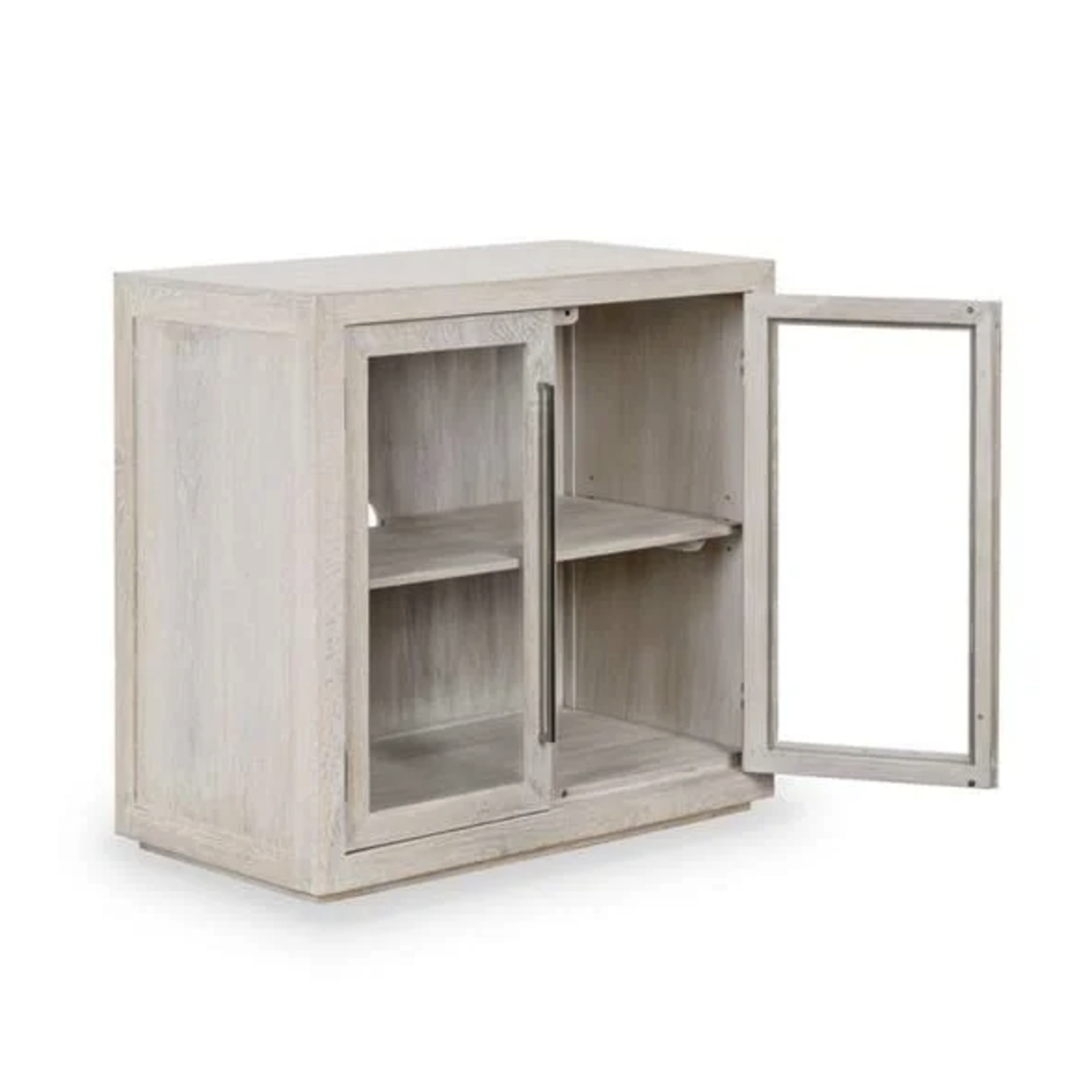 Outside The Box 37x20x36 Bradley White Wash Solid Oak Wood 2 Glass Door Cabinet