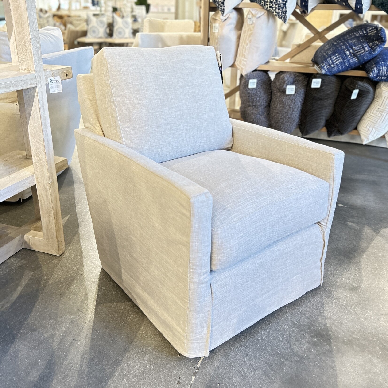 Outside The Box Kravet Slipcover Swivel Accent Chair In Eisley Linen Trillium Down SW560