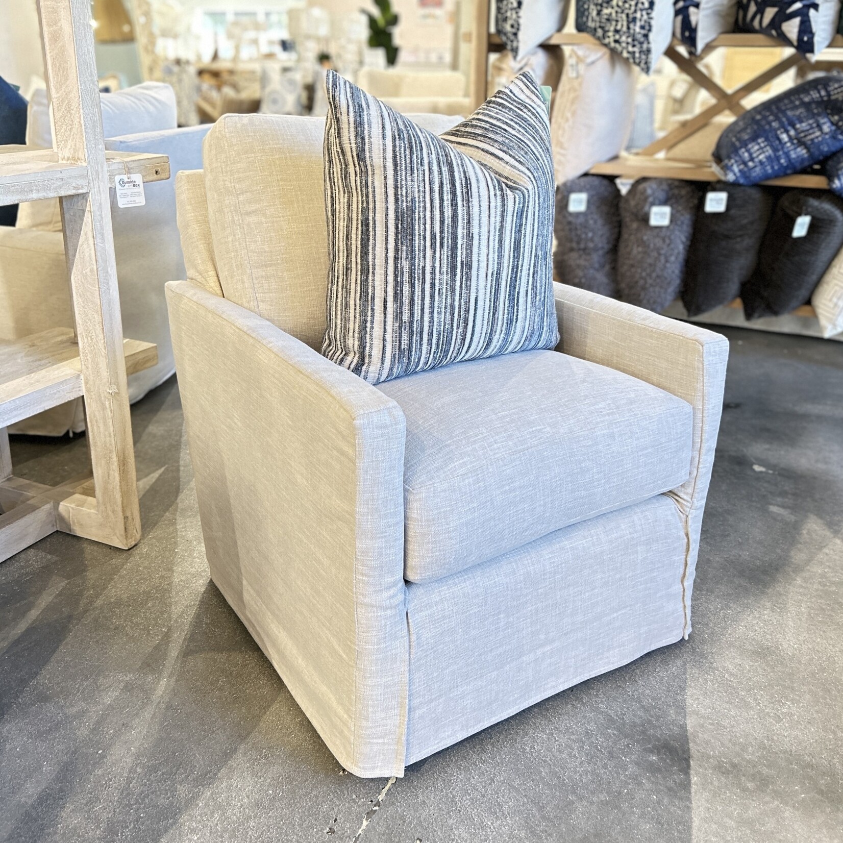 Outside The Box Kravet Slipcover Swivel Accent Chair In Eisley Linen Trillium Down SW560