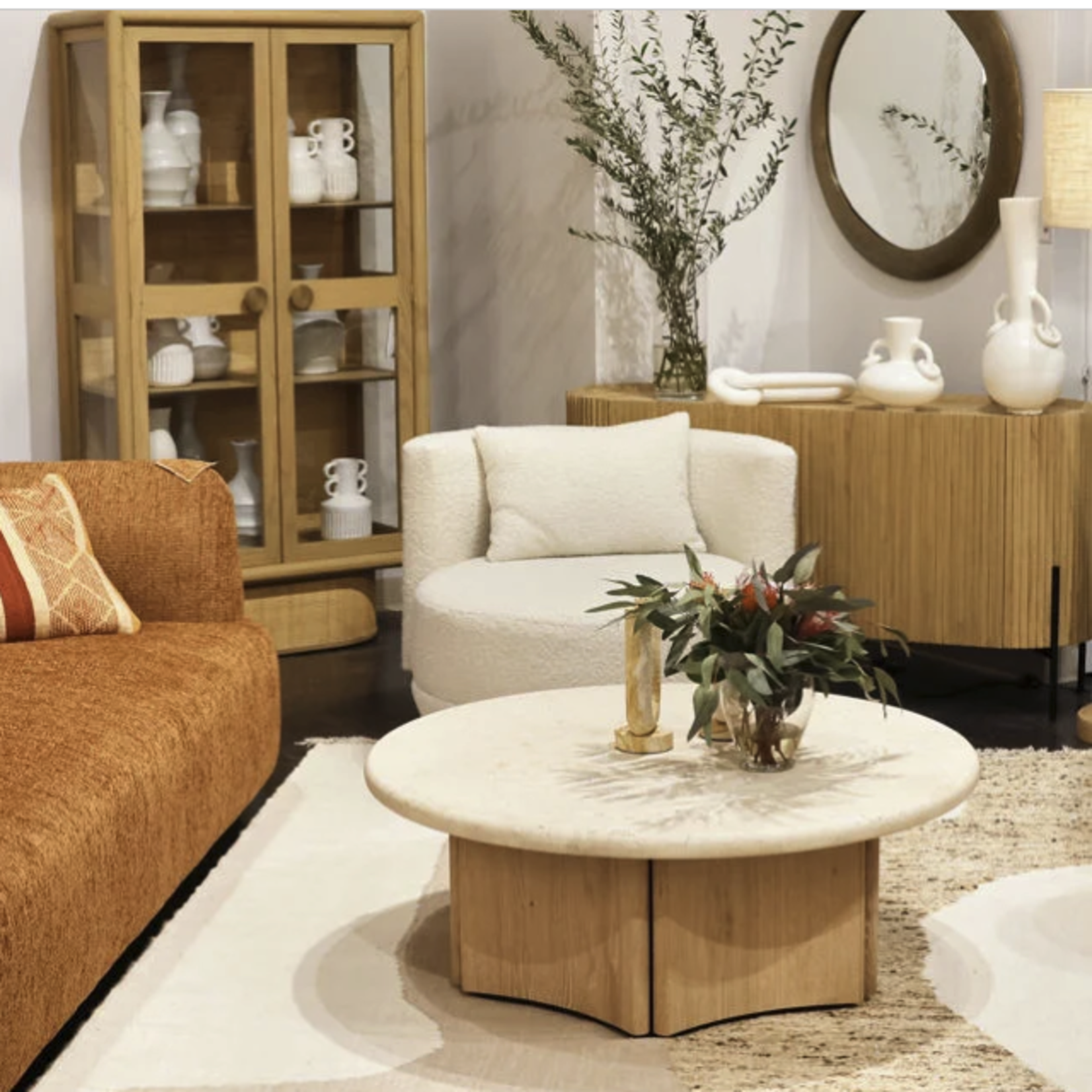 Outside The Box 43" Oja White Washed Oak & Marble Top Round Coffee Table