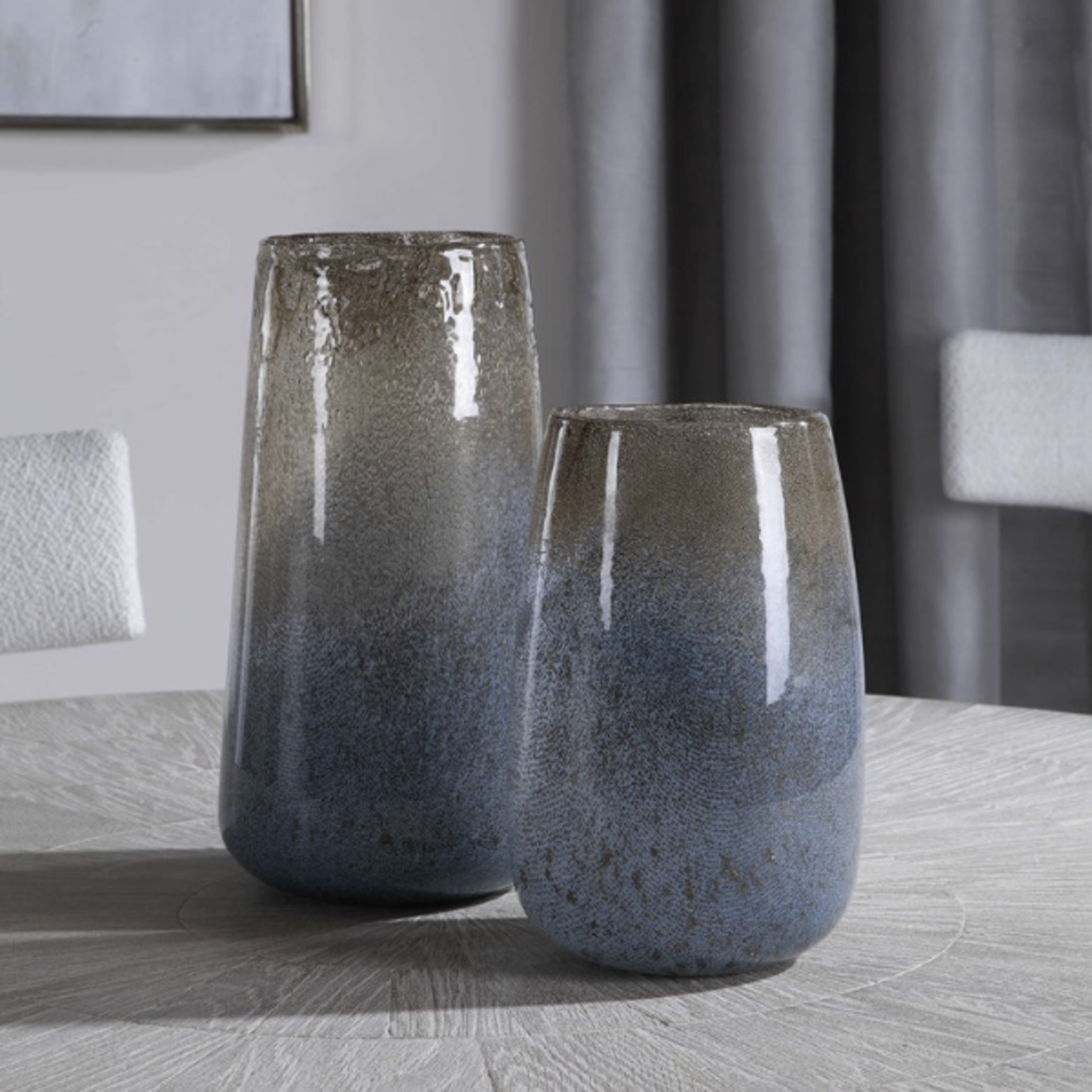Outside The Box 13" & 11" Set Of 2 Ione Blue Taupe Ombre Glass Vase