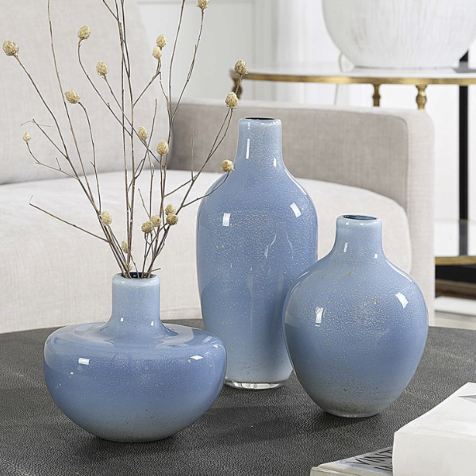 Outside The Box 10", 7" & 6" Set Of 3 Celestial Pale Blue Frosted Glass Vases