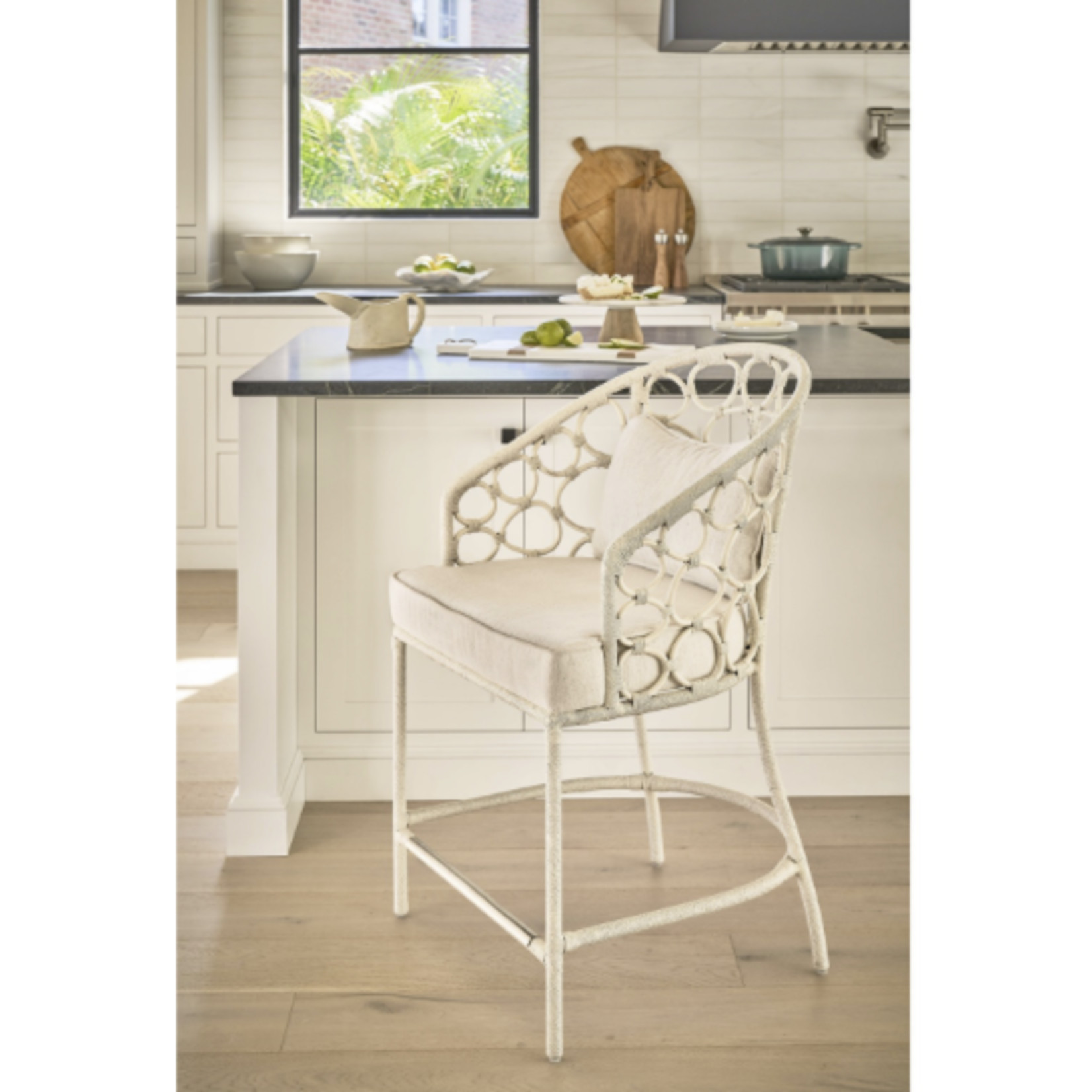 Outside The Box 24" Pebble Coastal White  Rattan Live Smart Performance Fabric Counter Stool