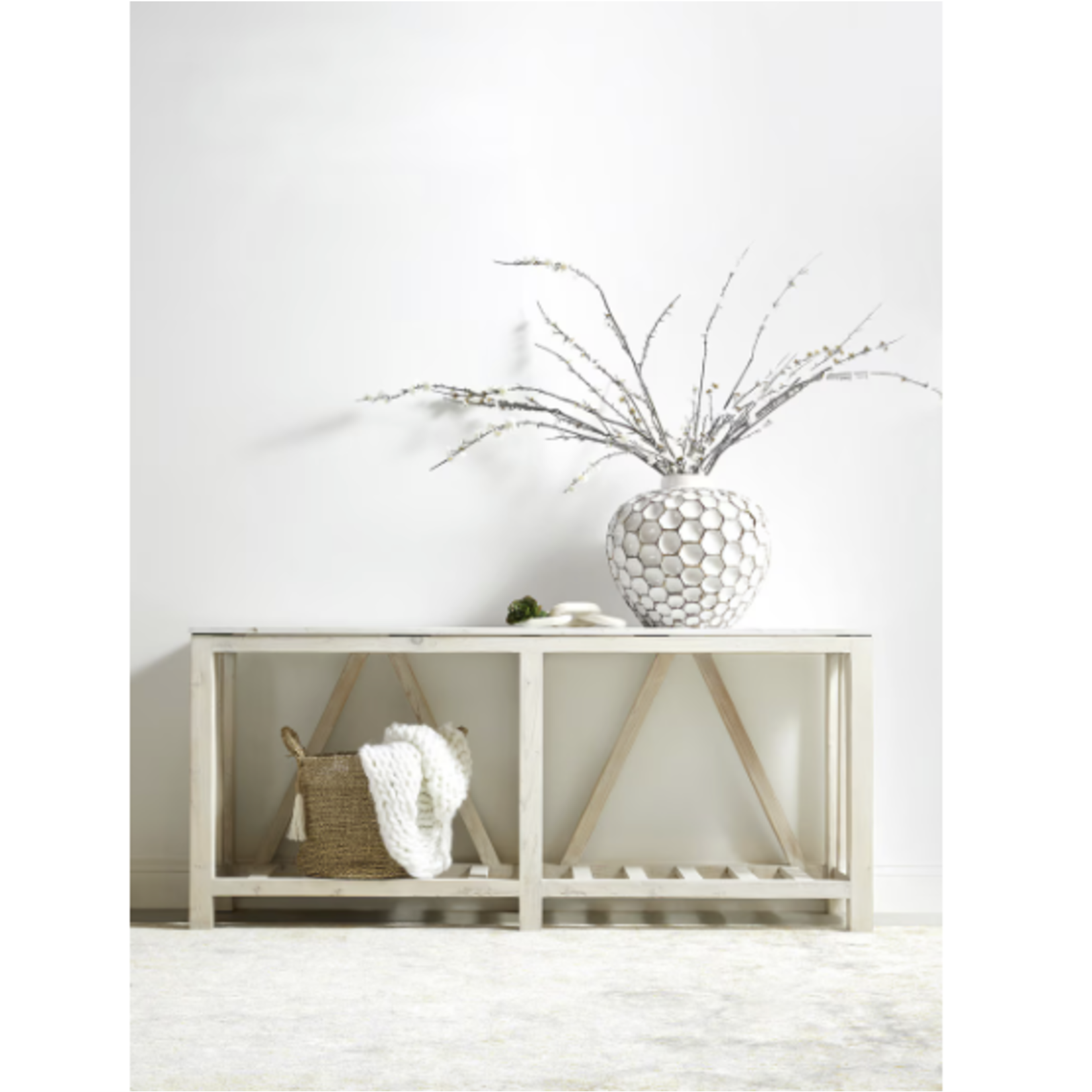 Outside The Box 71x18x32 Spruce White Wash Pine & White Quartz Top Square Console Table