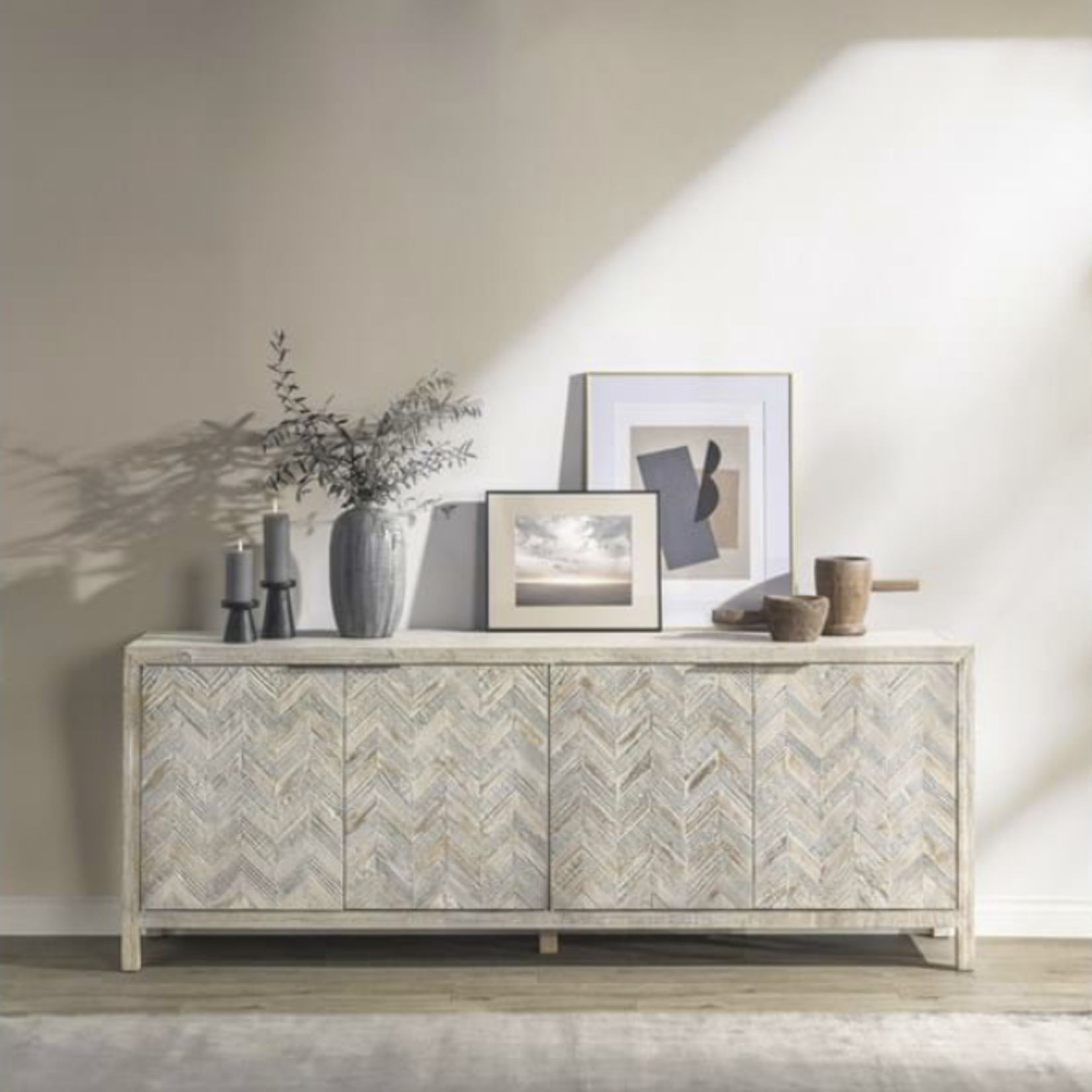 Outside The Box 94x18x36 Sienna Grey & Cream Washed Reclaimed Pine 4 Door Sideboard
