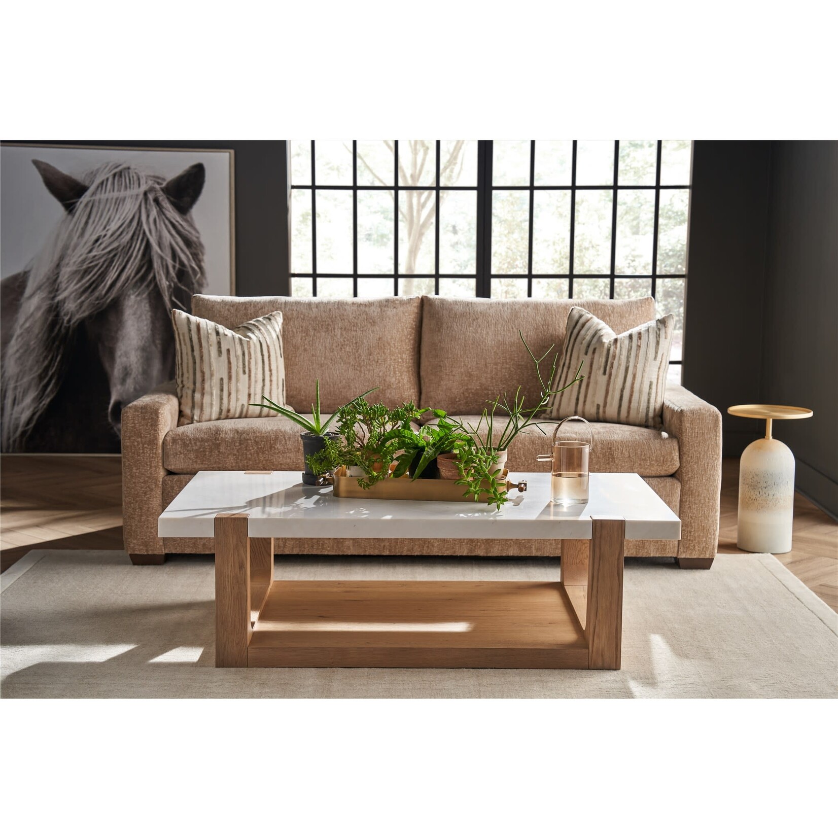 Outside The Box 56x30 Ellis Honed White Quartz & Oak Wood Cocktail / Coffee Table