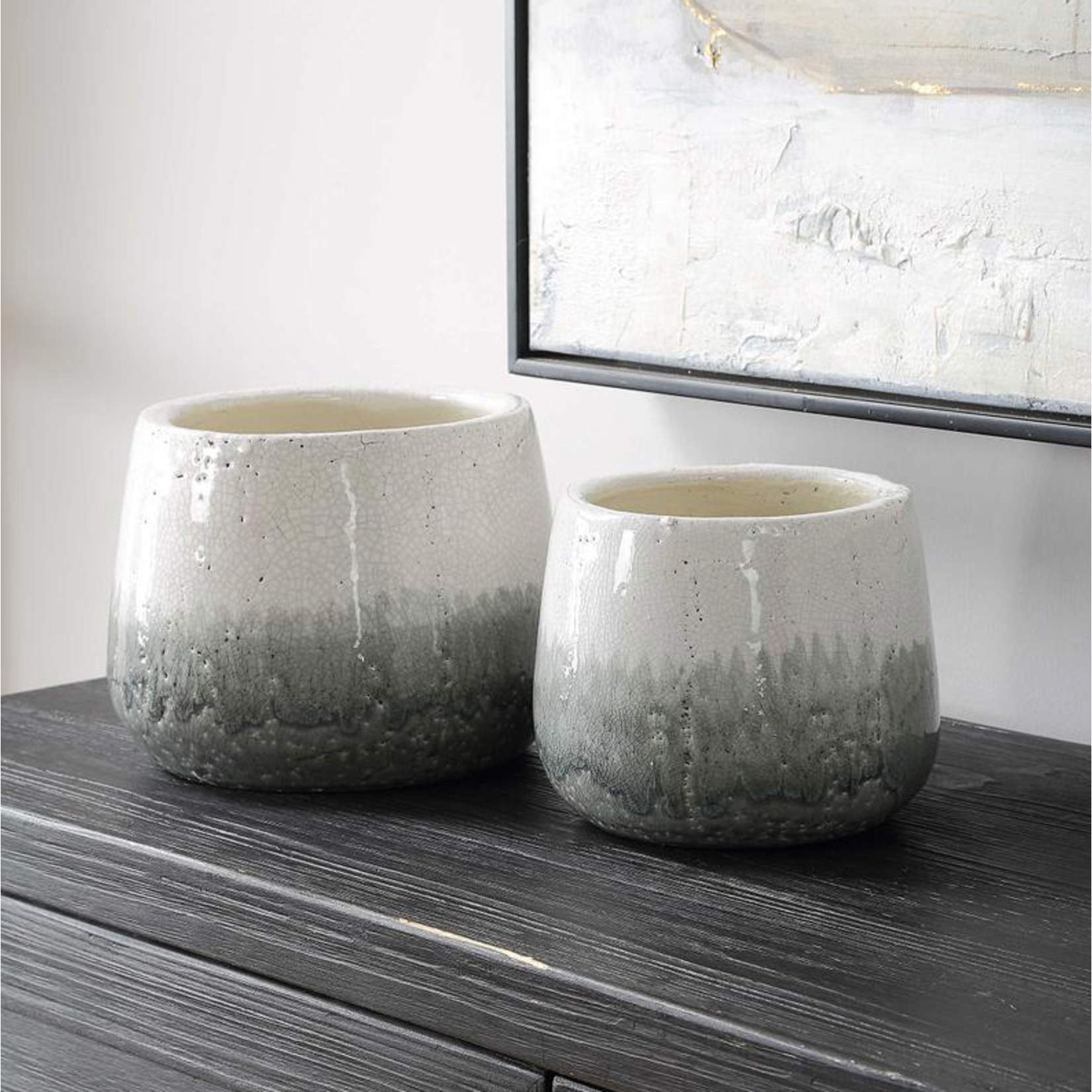 Outside The Box 6" & 5" Set Of 2 Nimbus White & Gray Crackled Ceramic Vases