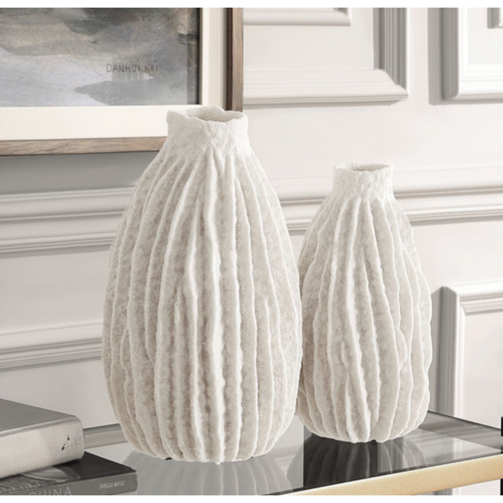 Outside The Box 14" & 12" Set Of 2 Ivory Ridge Textured Vases