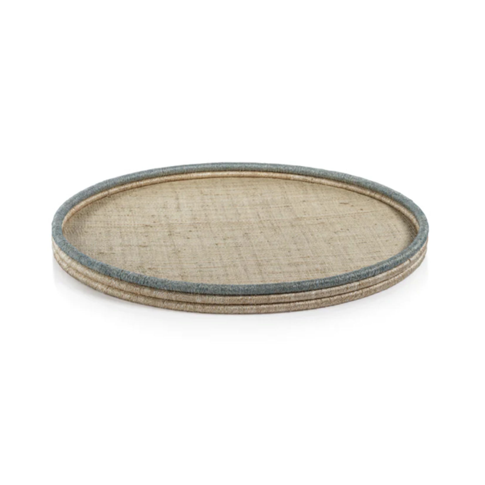 Outside The Box 24" La Cote Natural & Azur Blue Abaca / Rattan Round Large Tray
