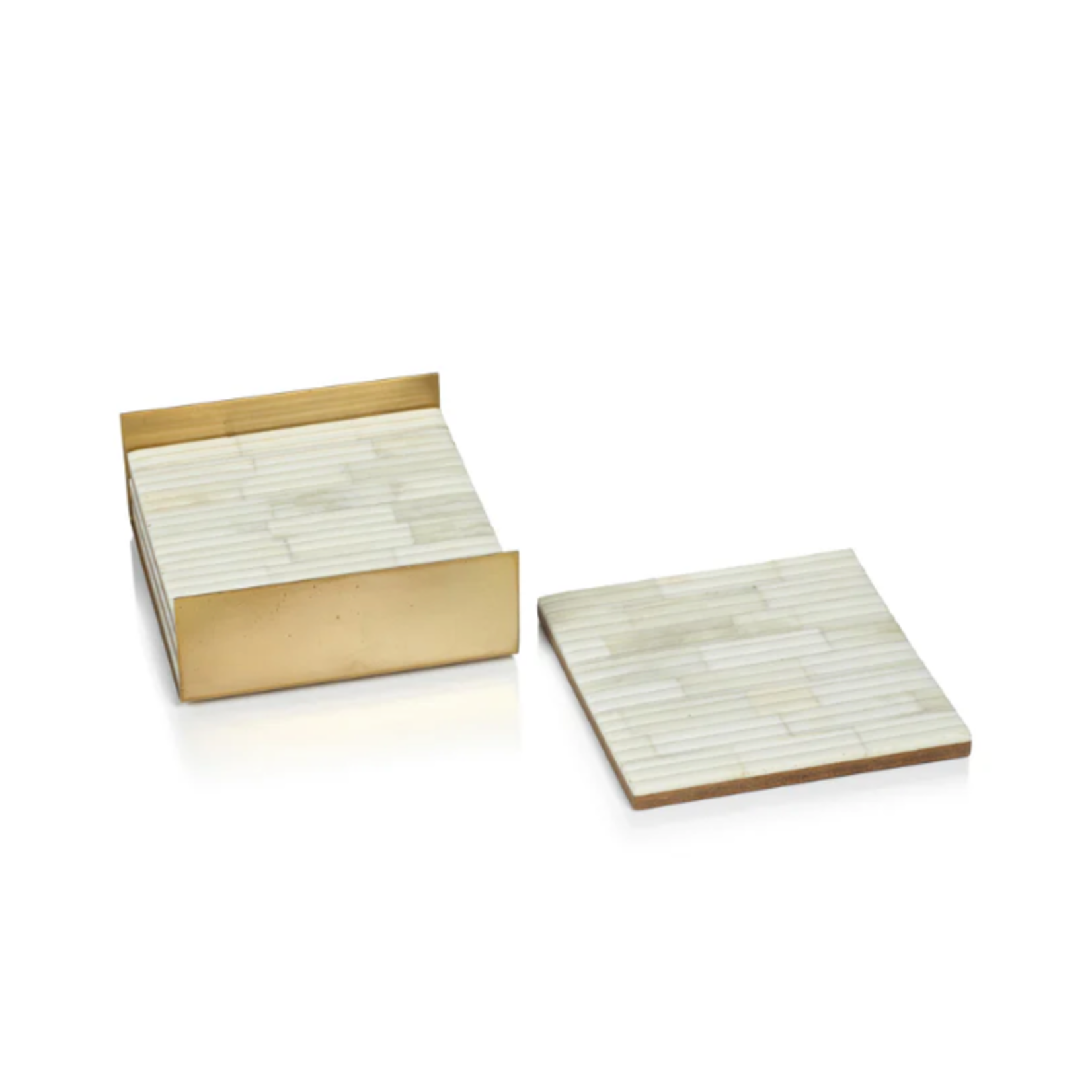 Outside The Box Set Of 4 Ribbed White Bone Coaster With Metal Tray