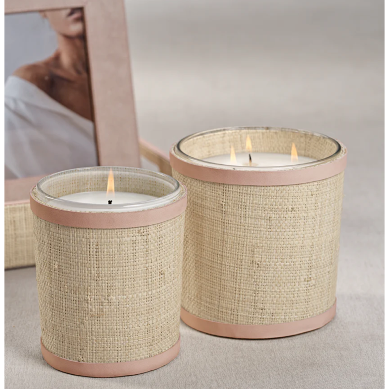 Outside The Box 5" Lemon Peel, Lavender & Tarragon Scent Candle In Natural Raffia With Pink Leather Trim Basket