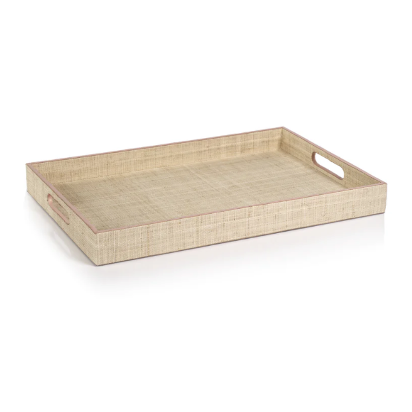 Outside The Box 20" Lulu Natural Raffia With Pink Leather Trim Rectangular Tray