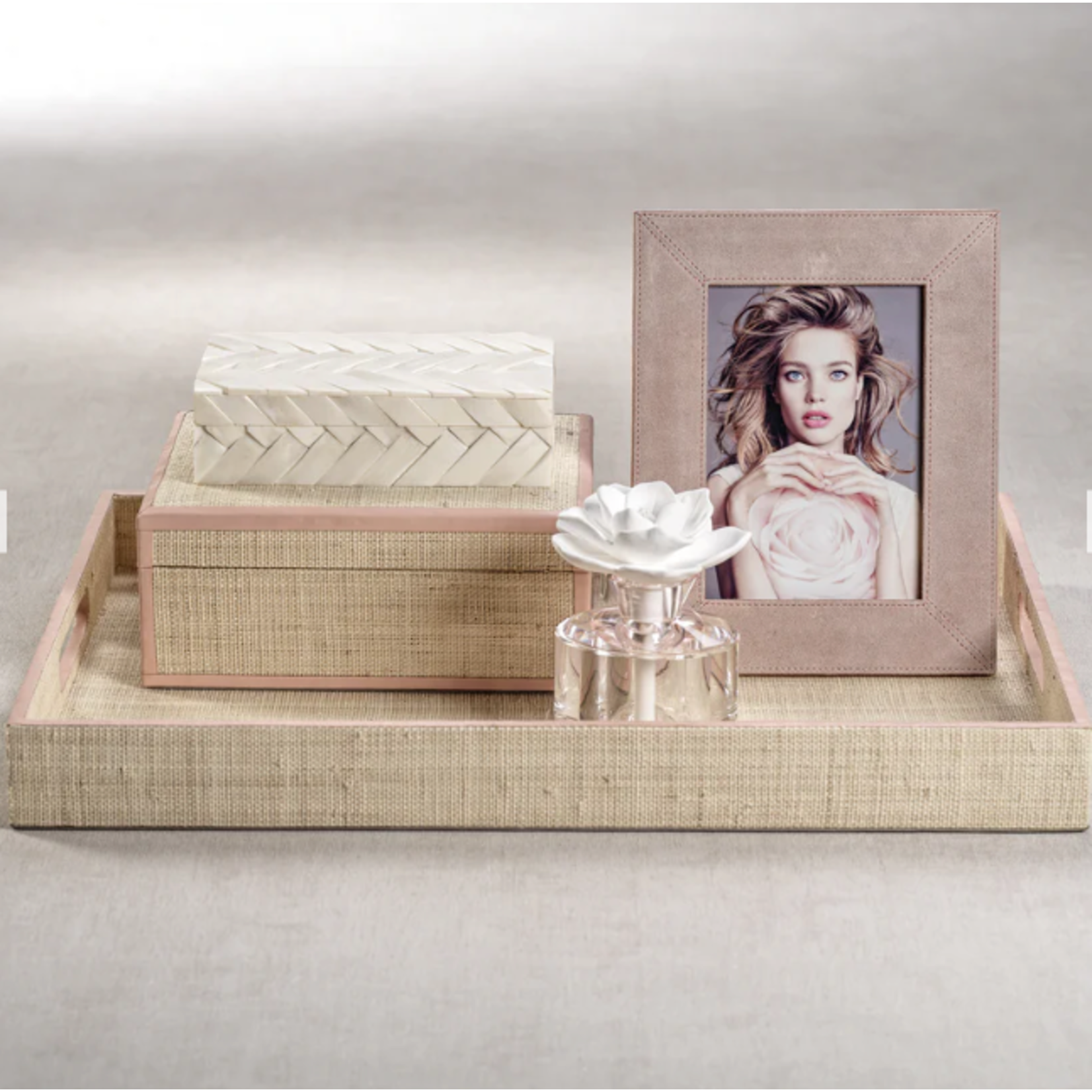 Outside The Box 20" Lulu Natural Raffia With Pink Leather Trim Rectangular Tray