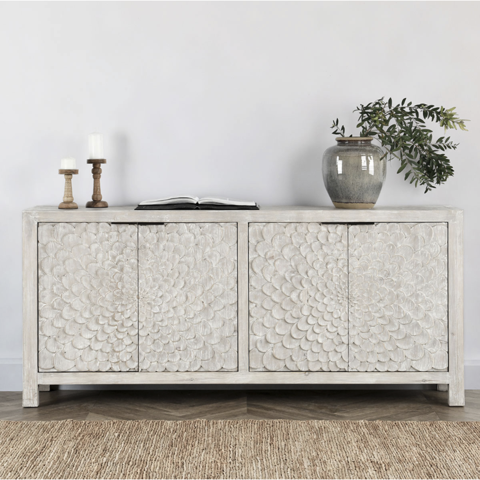 Outside The Box 86x18x38 Astrid White Wash Reclaimed Pine 4 Door Sideboard