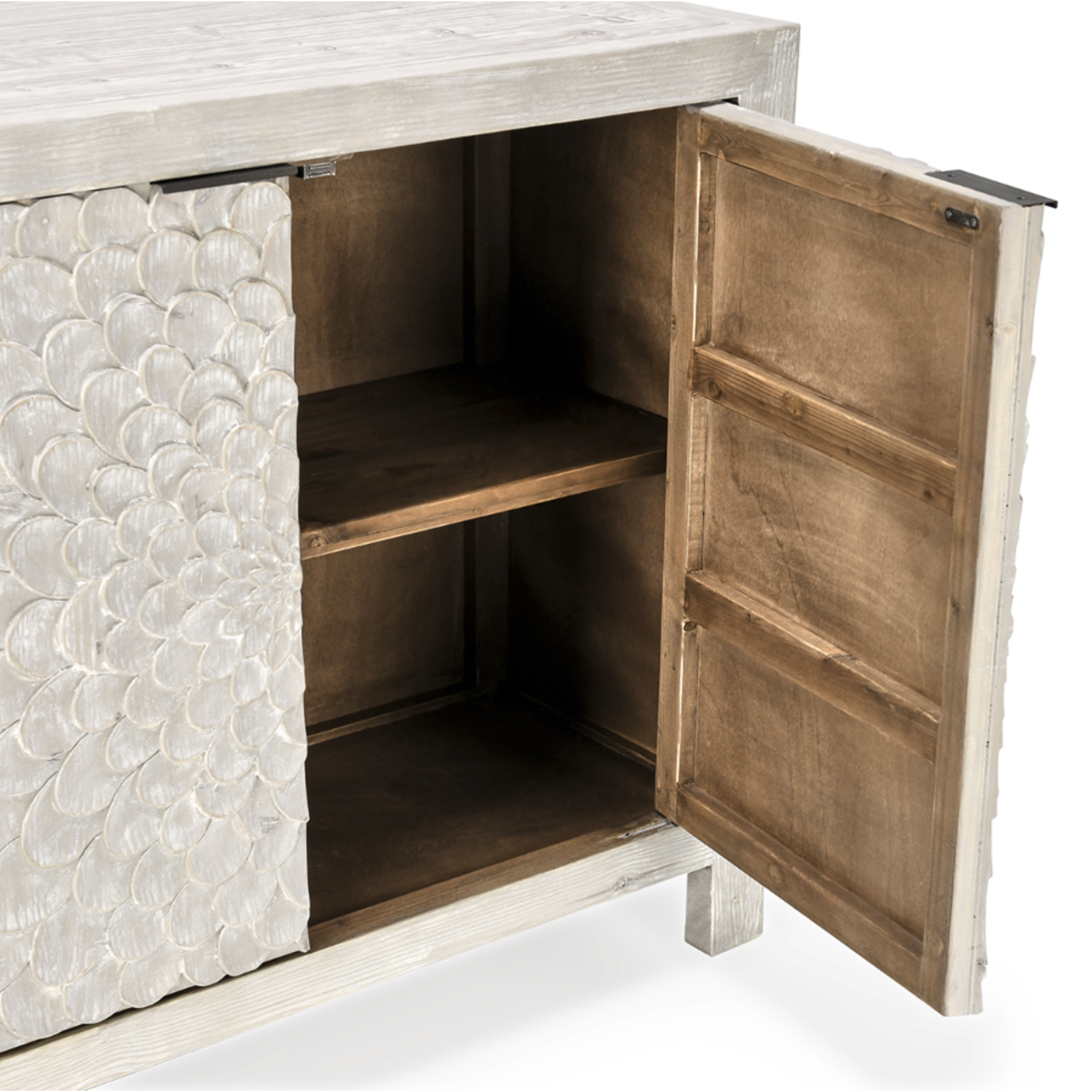 Outside The Box 86x18x38 Astrid White Wash Reclaimed Pine 4 Door Sideboard