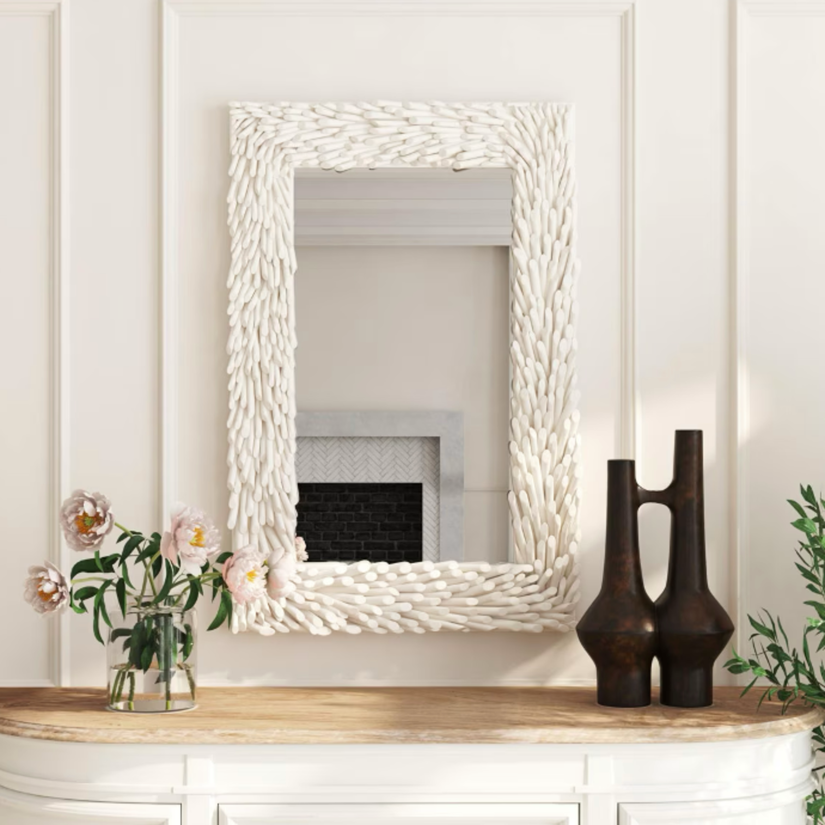 Outside The Box 39x26 White Teak Wood Branch Rectangular Mirror