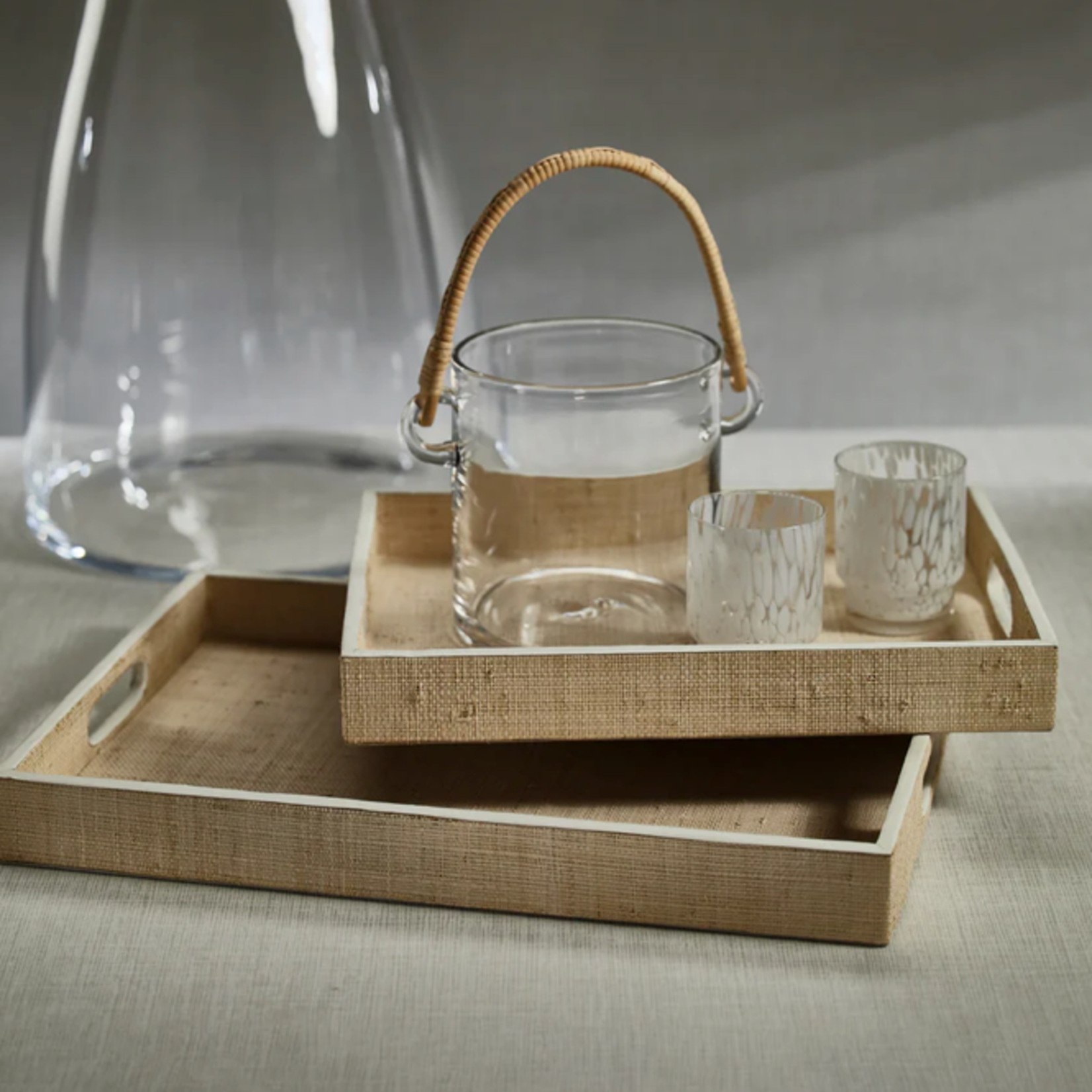 Outside The Box 20" Atelier Natural Raffia With White Leather Trim Rectangular Tray