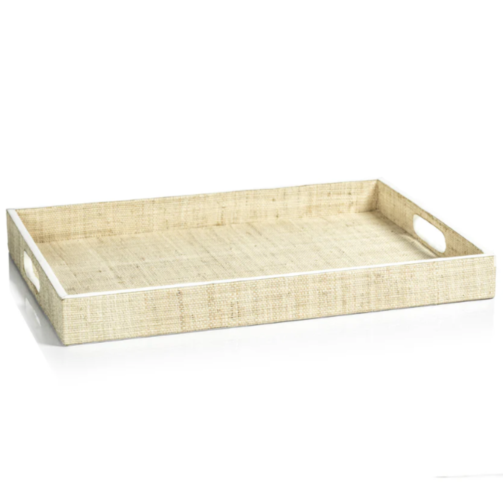Outside The Box 20" Atelier Natural Raffia With White Leather Trim Rectangular Tray